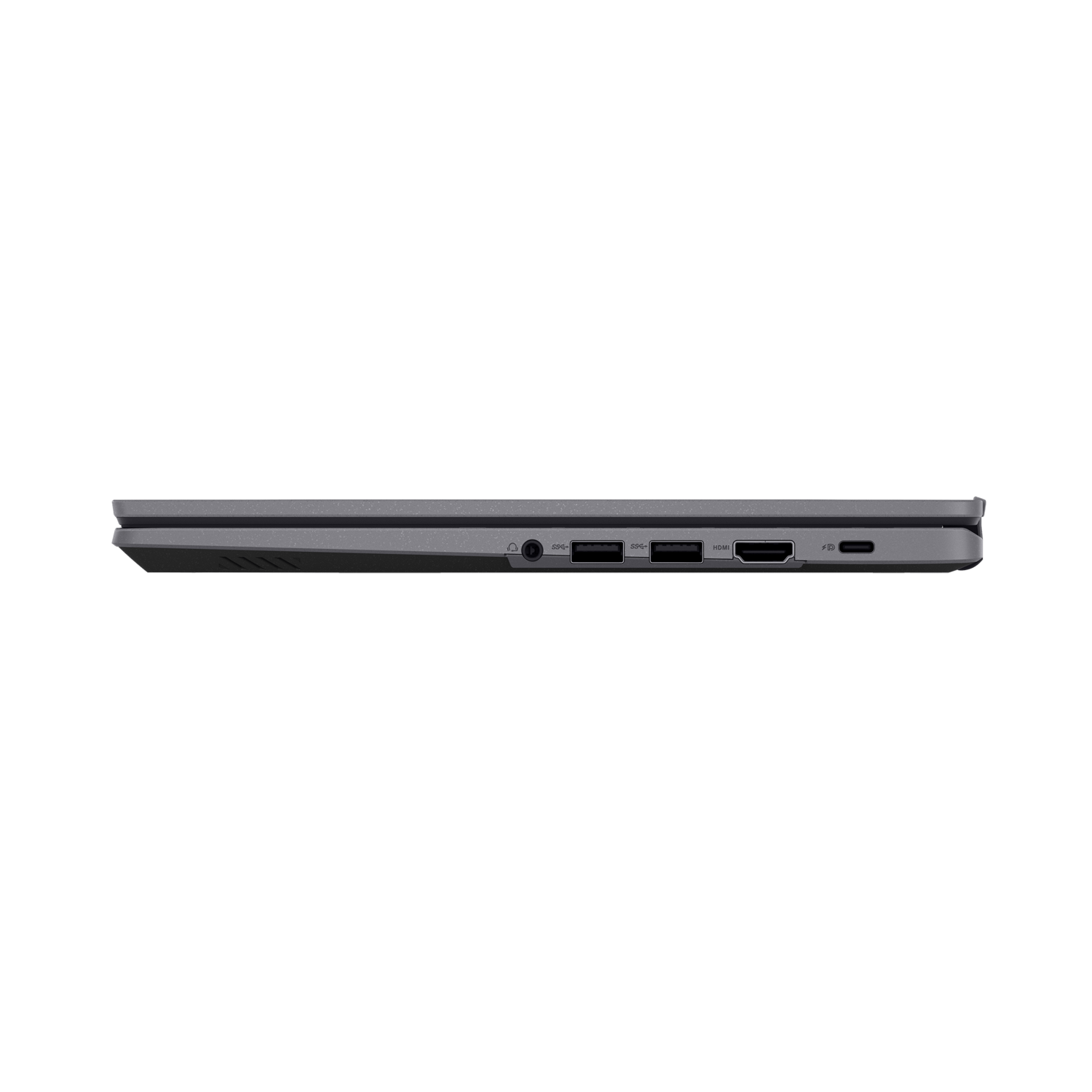 Zijaanzicht van een grijze ASUS laptop, met verschillende poorten, en een effen, lichte achtergrond.