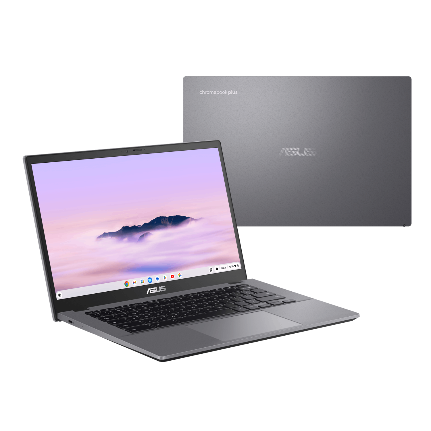 ASUS Chromebook en de achterkant van een andere, grijze laptop, tegen een witte achtergrond.