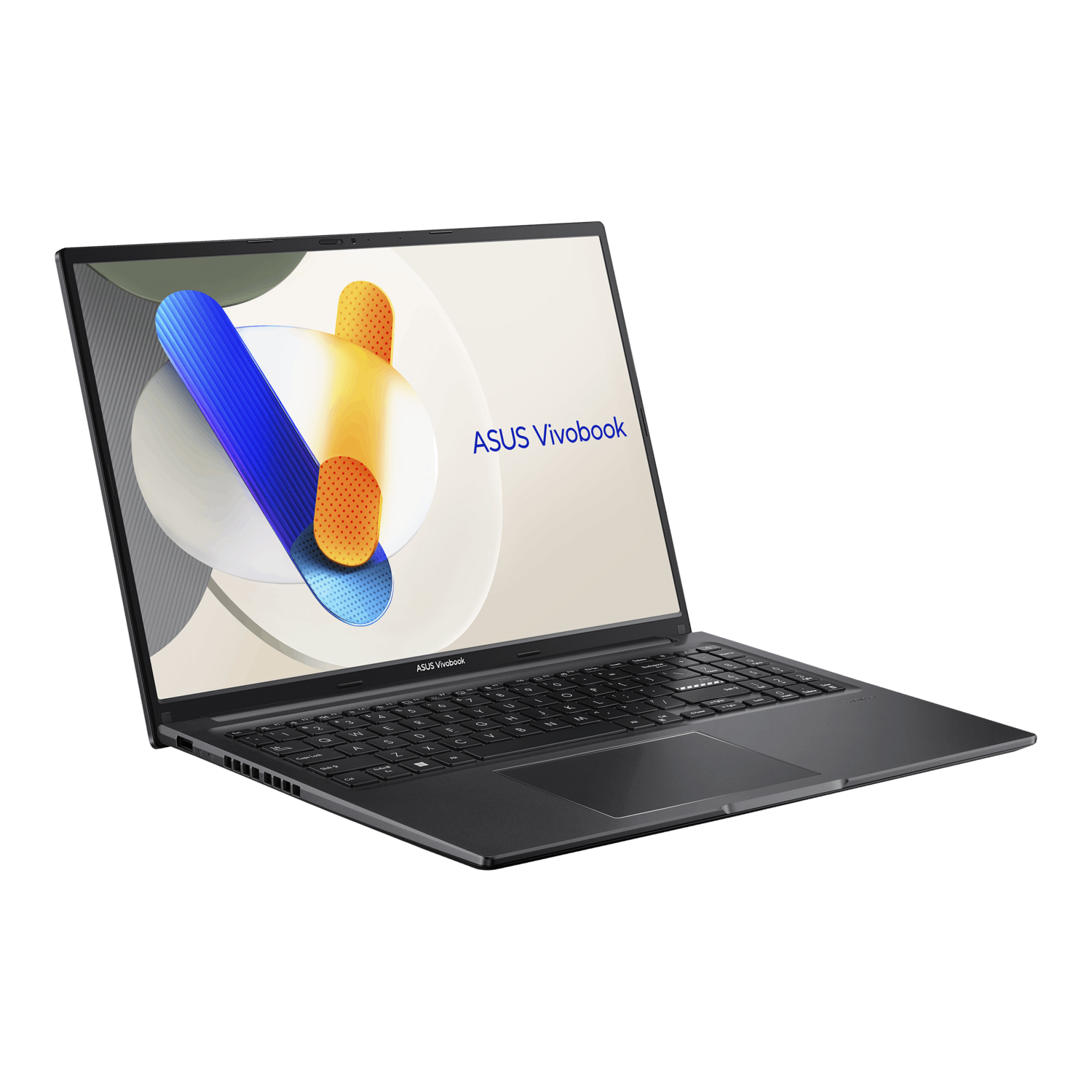 Een donkergrijze ASUS Vivobook laptop. Scherm toont abstract ontwerp. Toetsenbord en touchpad zichtbaar. Witte achtergrond.