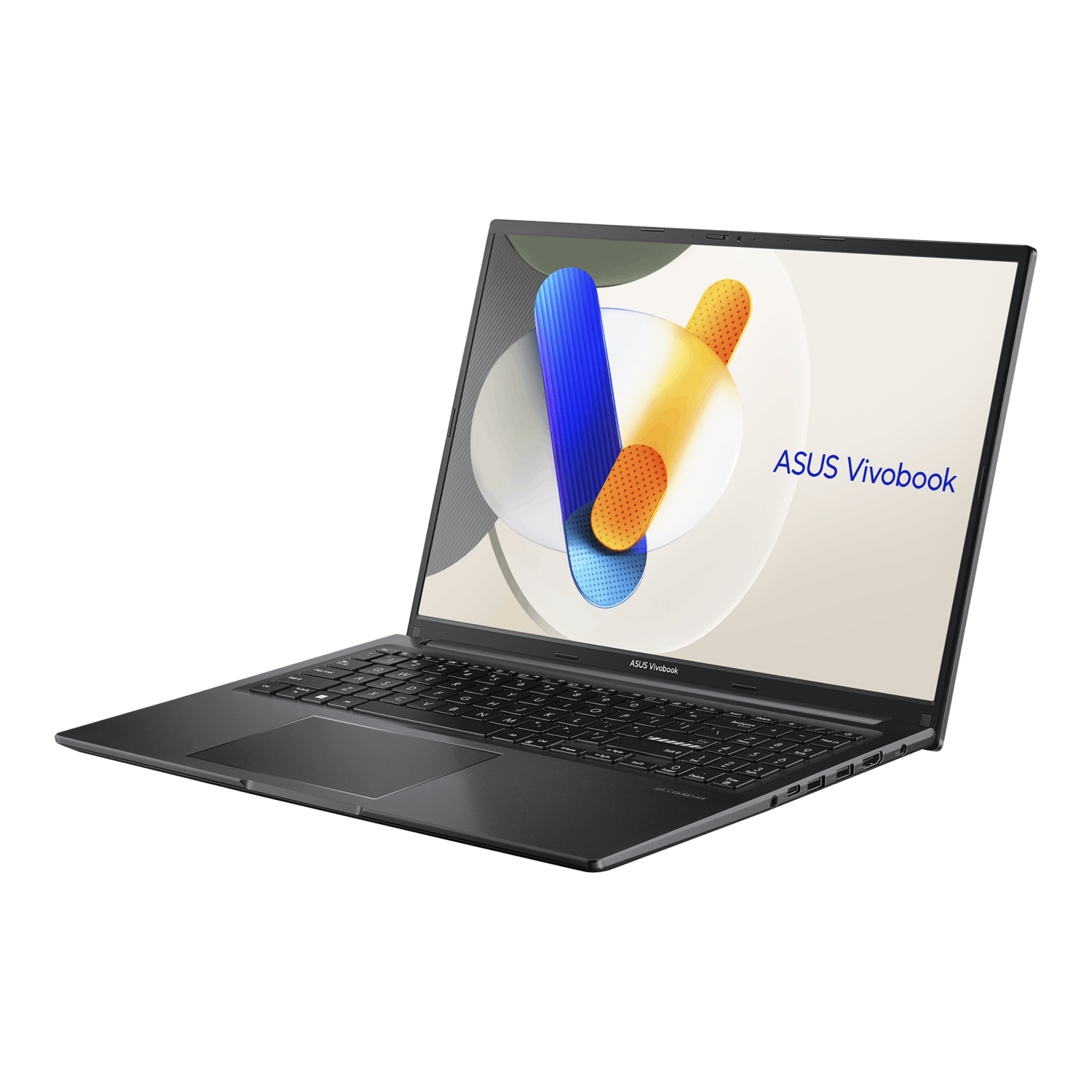 Een donkergrijze ASUS Vivobook laptop. Het scherm toont een kleurrijk abstract ontwerp. De laptop is onder een hoek geopend, geïsoleerd op wit.