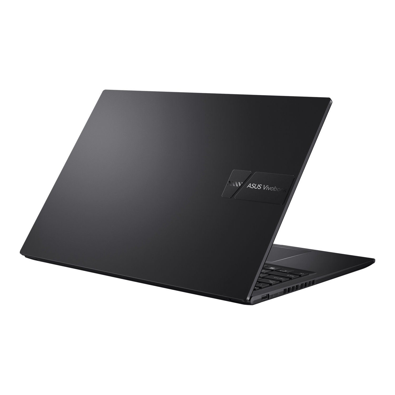 Zwarte Asus Vivobook laptop, iets geopend. Toont toetsenbord en logo. Witte achtergrond.