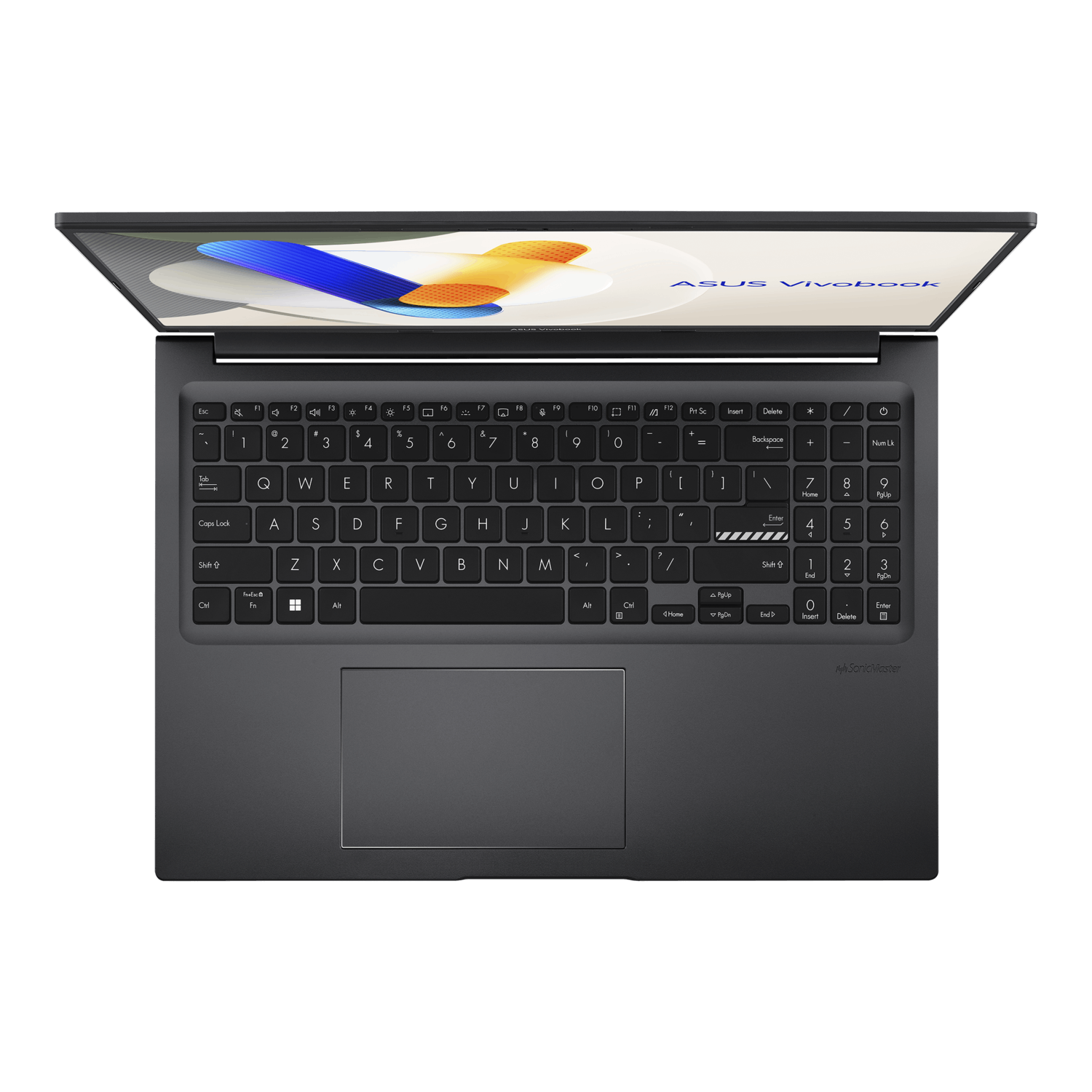 Een open Asus Vivobook laptop op witte achtergrond. Het toetsenbord is zichtbaar. Het scherm toont een blauw en geel ontwerp.