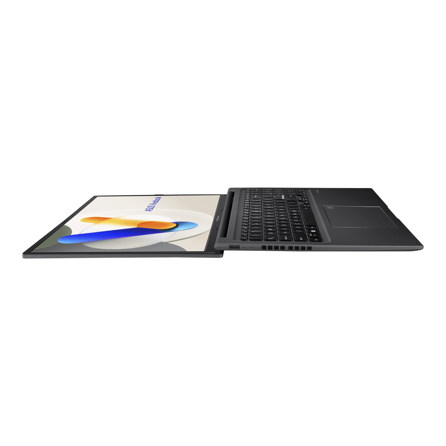 Een open, donkergrijze laptop met een scherm met een kleurrijk abstract ontwerp. De achtergrond is wit.