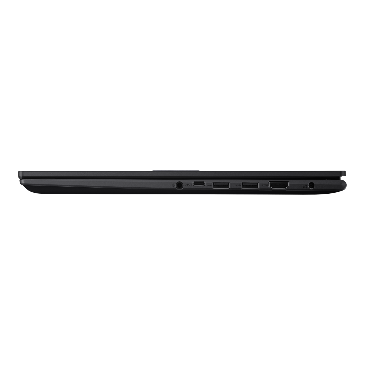 Zijaanzicht van een zwarte laptop, met poorten: USB-C, USB, HDMI, audio-aansluiting en oplaadpoort tegen een witte achtergrond.