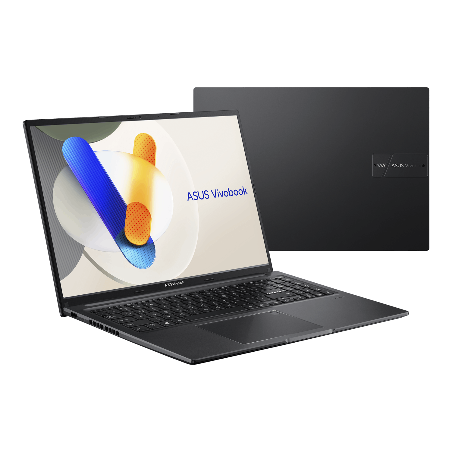Een donkergrijze ASUS Vivobook laptop is open, met graphics. Een gesloten laptop van hetzelfde type staat op de achtergrond.