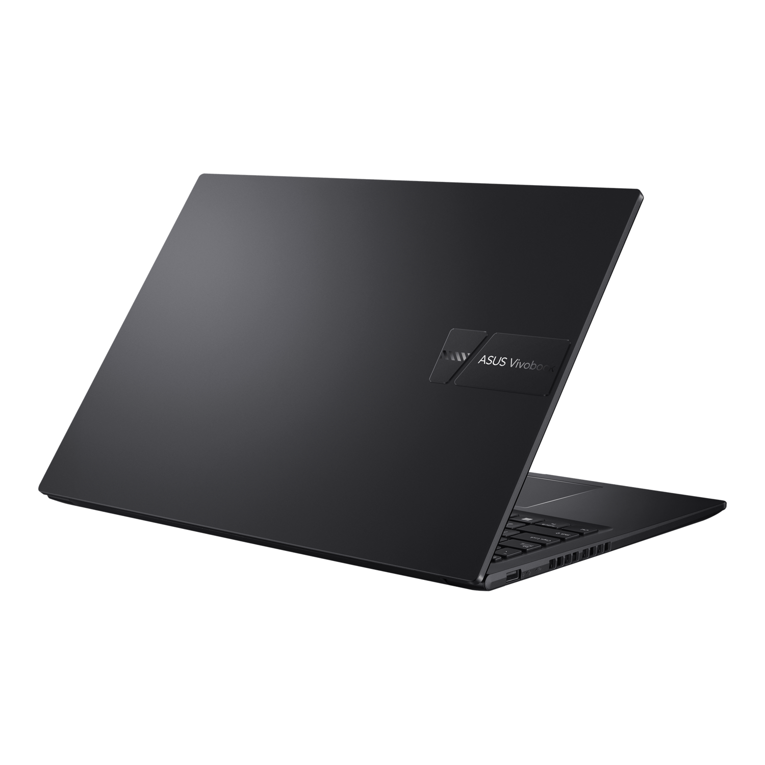 Black laptop back, showing ASUS Vivobook logo. The laptop is angled, showing the top edge.