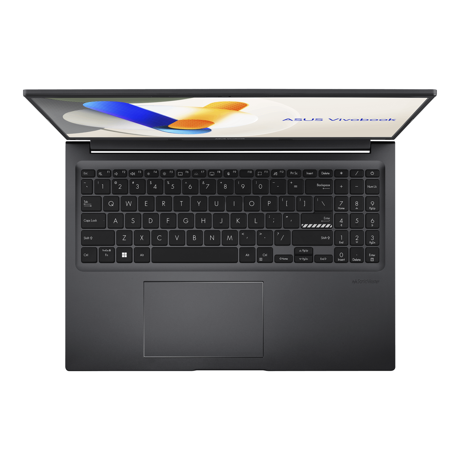 Black laptop, open, top-down view. Keyboard, touchpad, and lit screen with abstract shapes.