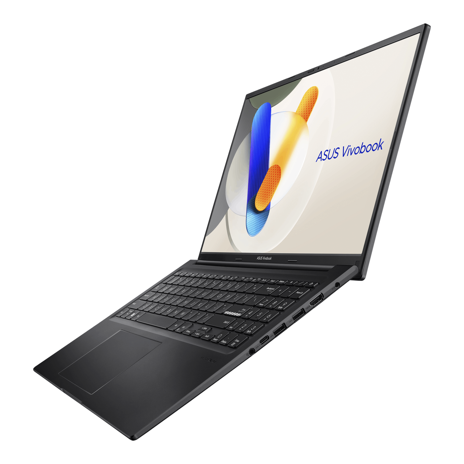 Black laptop, lit screen. Angled view, showing keyboard, ports, and the screen display.
