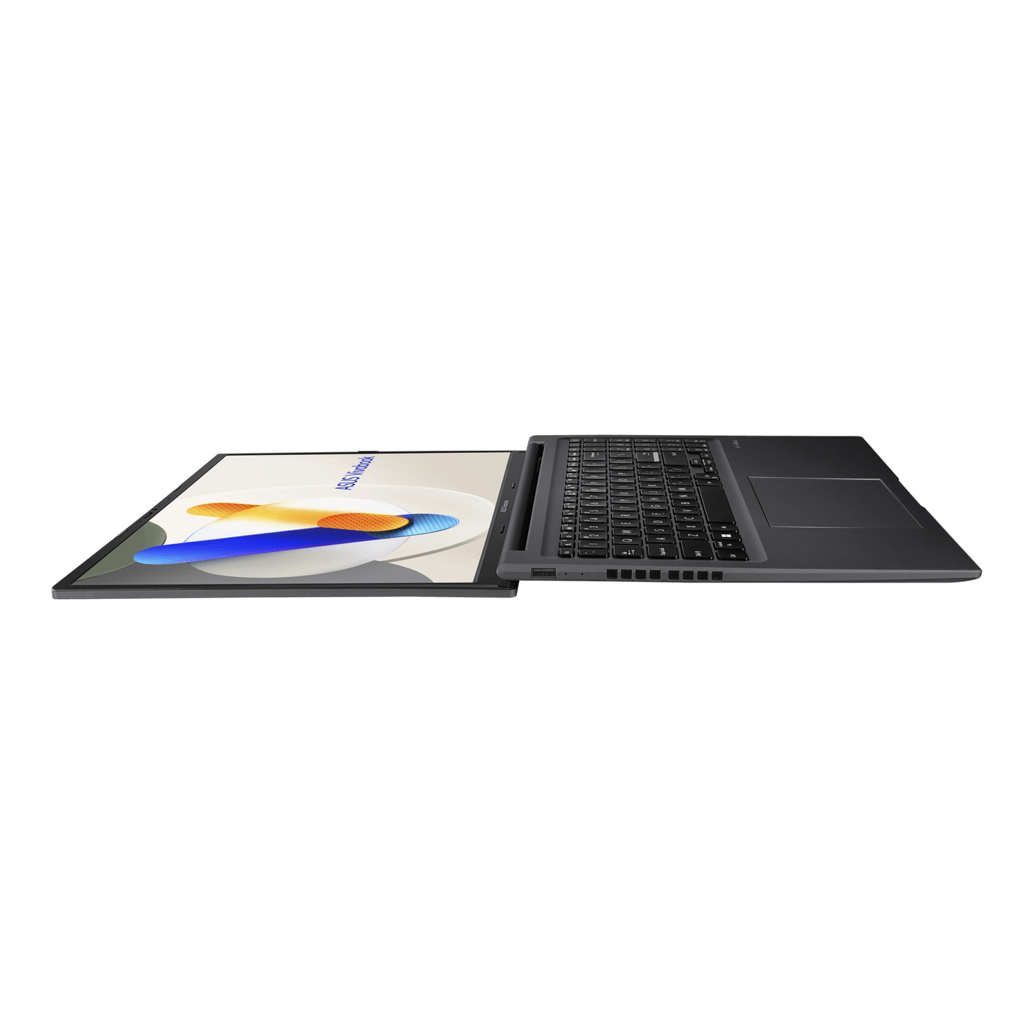 Open gray laptop on white. Screen shows a design. ASUS Vivobook is written on the screen.