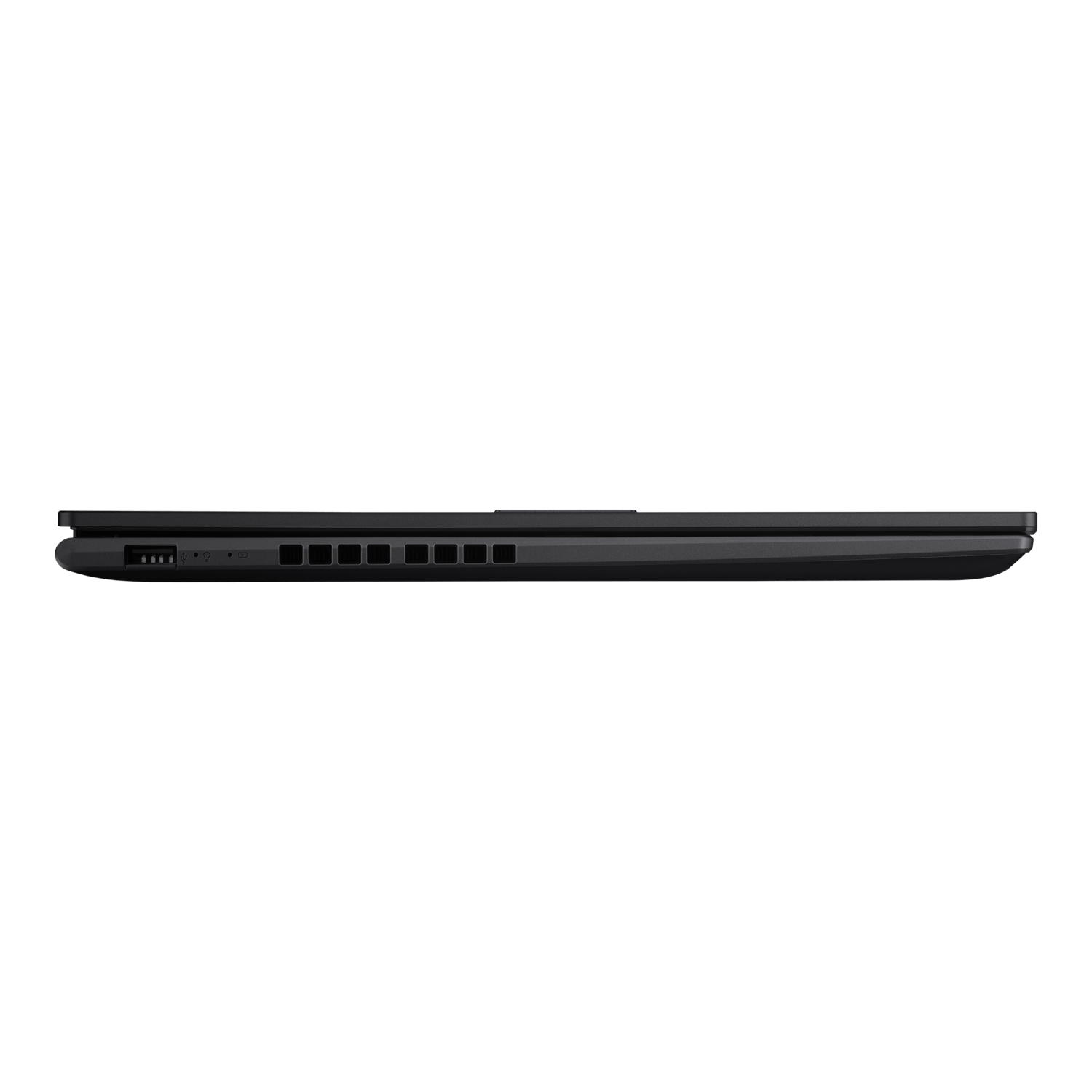 Side view of a closed dark gray laptop. Shows ports and vents.