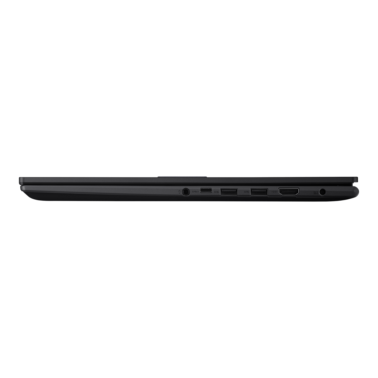 Side view of a closed dark gray laptop. Shows ports and vents.