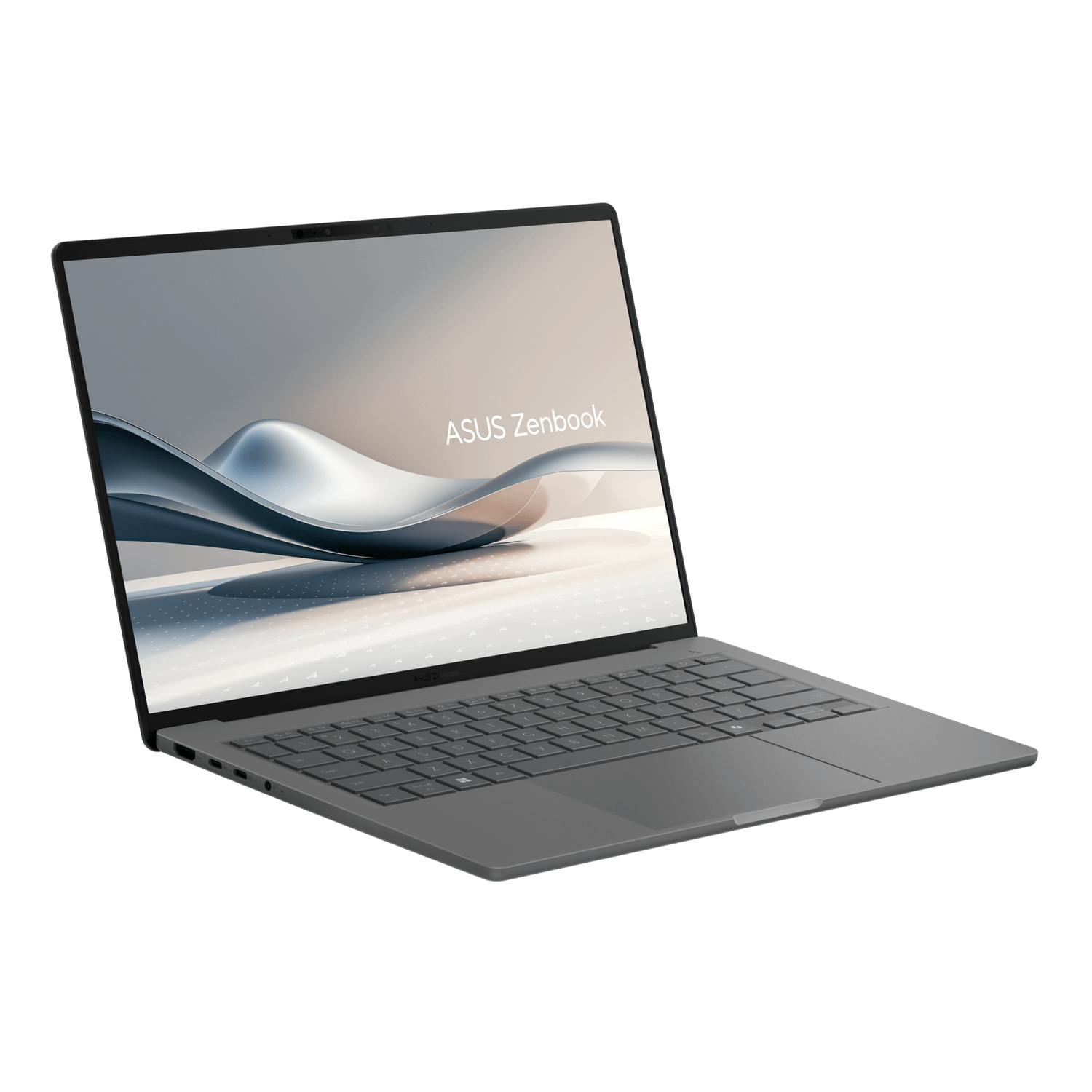 Gray laptop in perspective. The screen displays an abstract design. ASUS Zenbook is written on the screen.