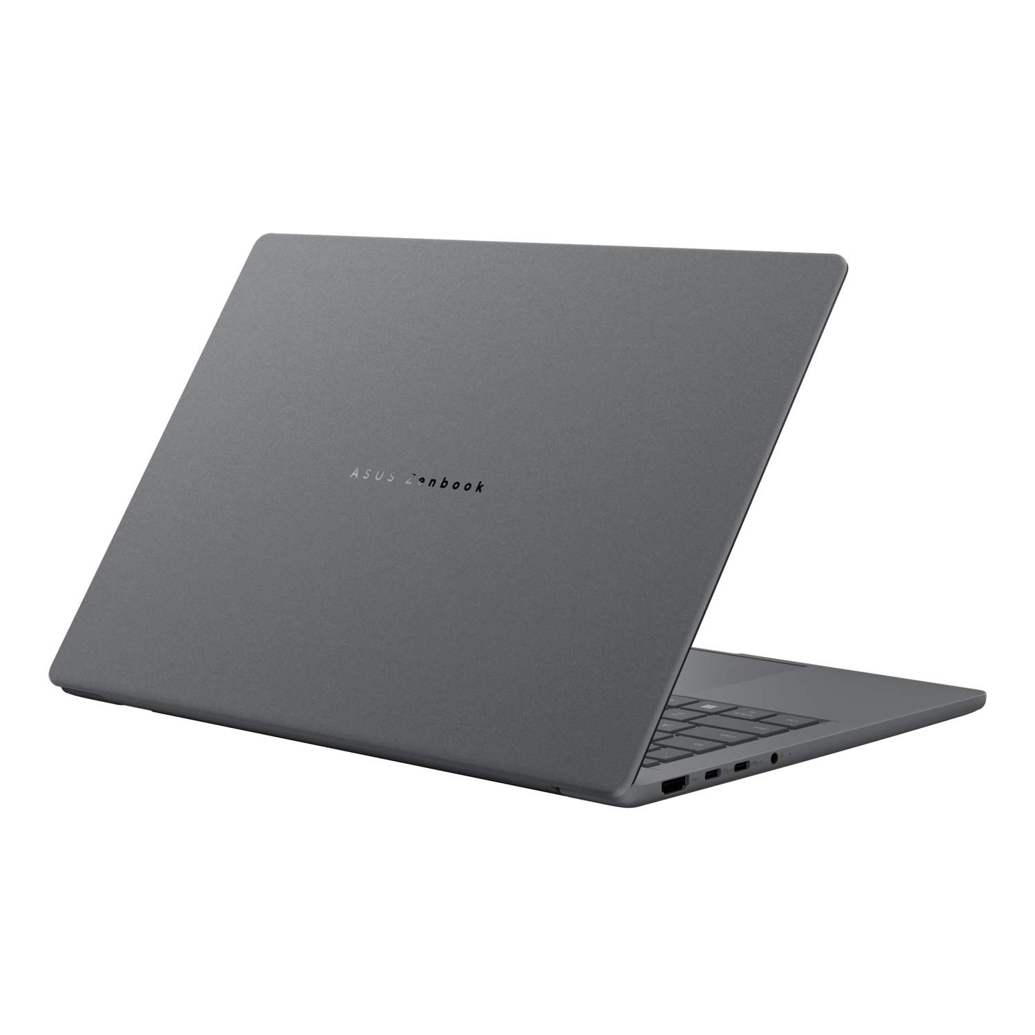 Gray laptop in perspective. Back is visible. ASUS Zenbook is written on the back.