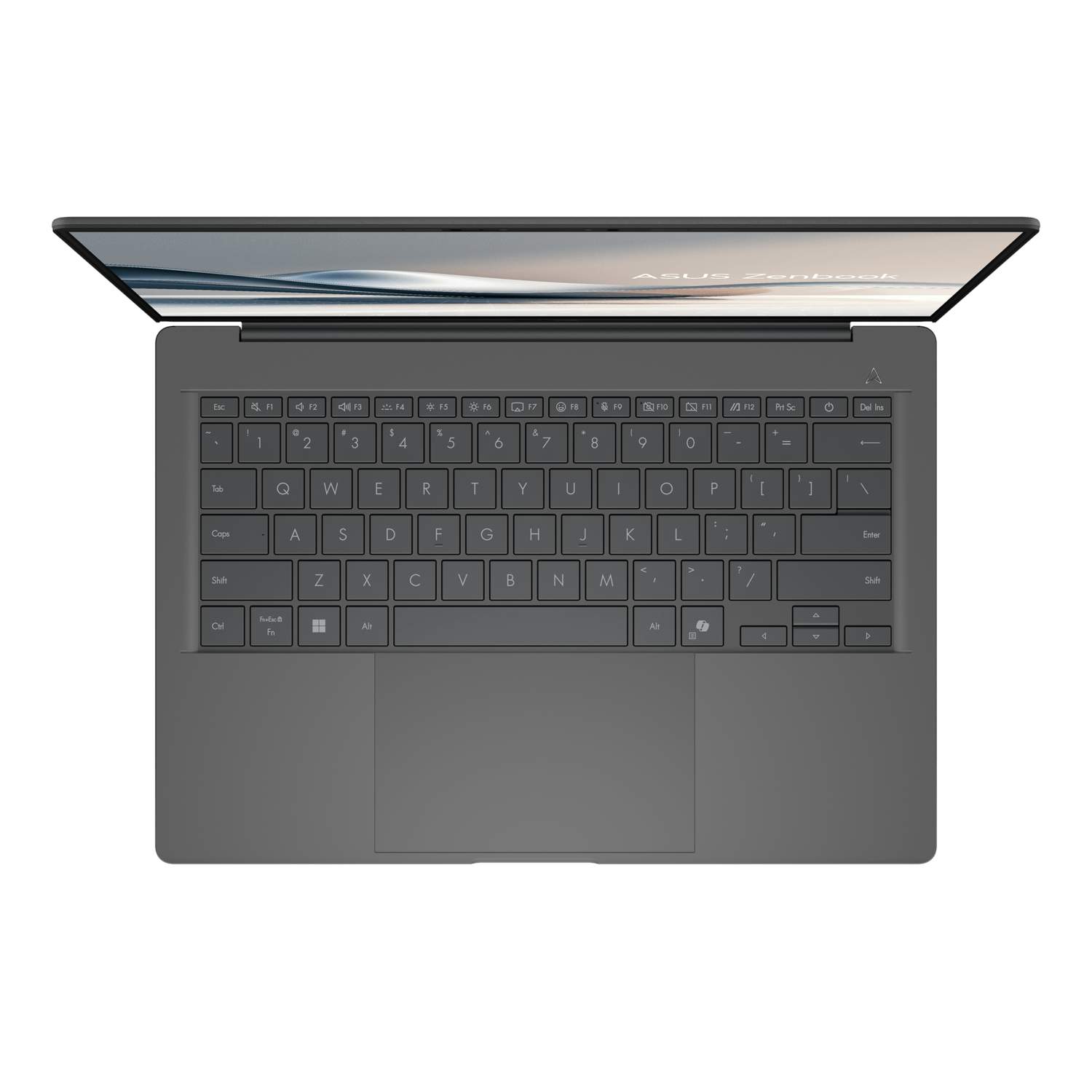Open gray laptop from above. The screen is on. The keyboard is visible.