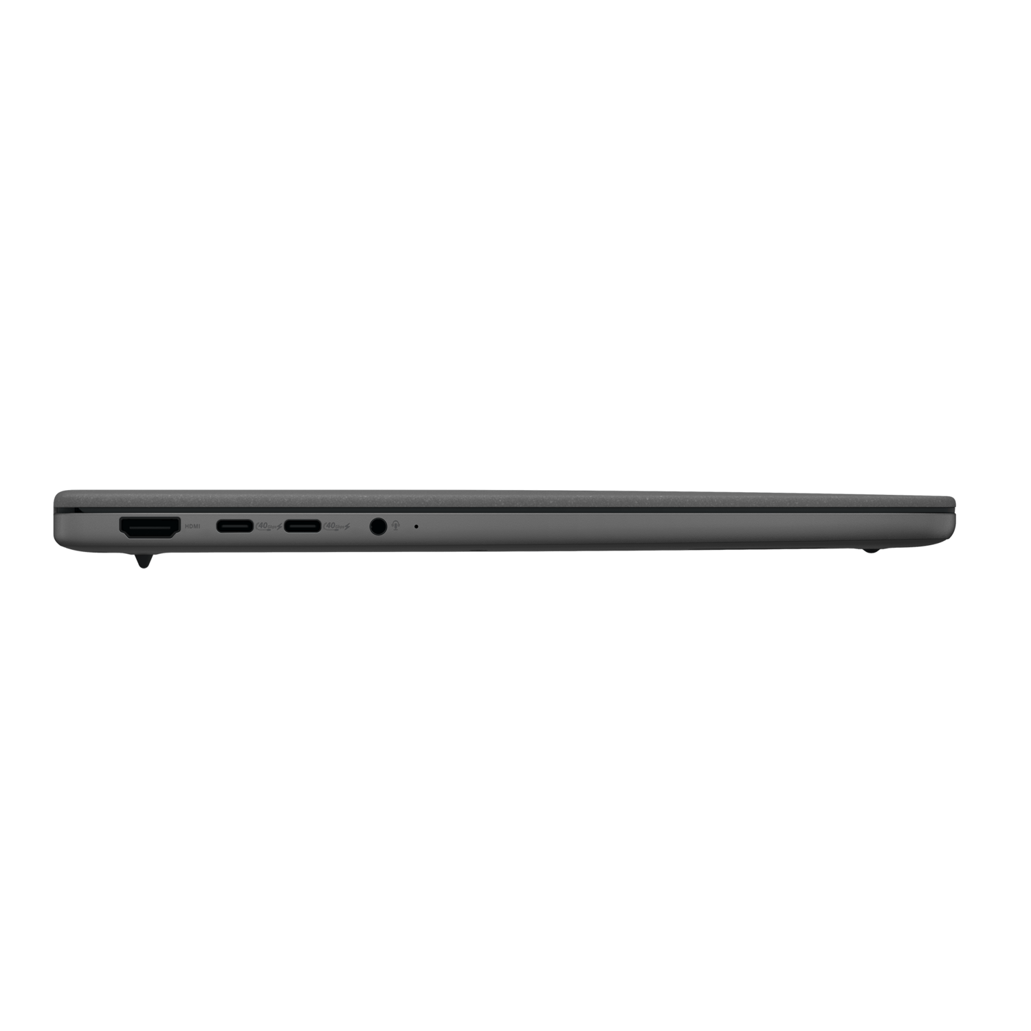 Side view of a closed gray laptop. Shows ports.