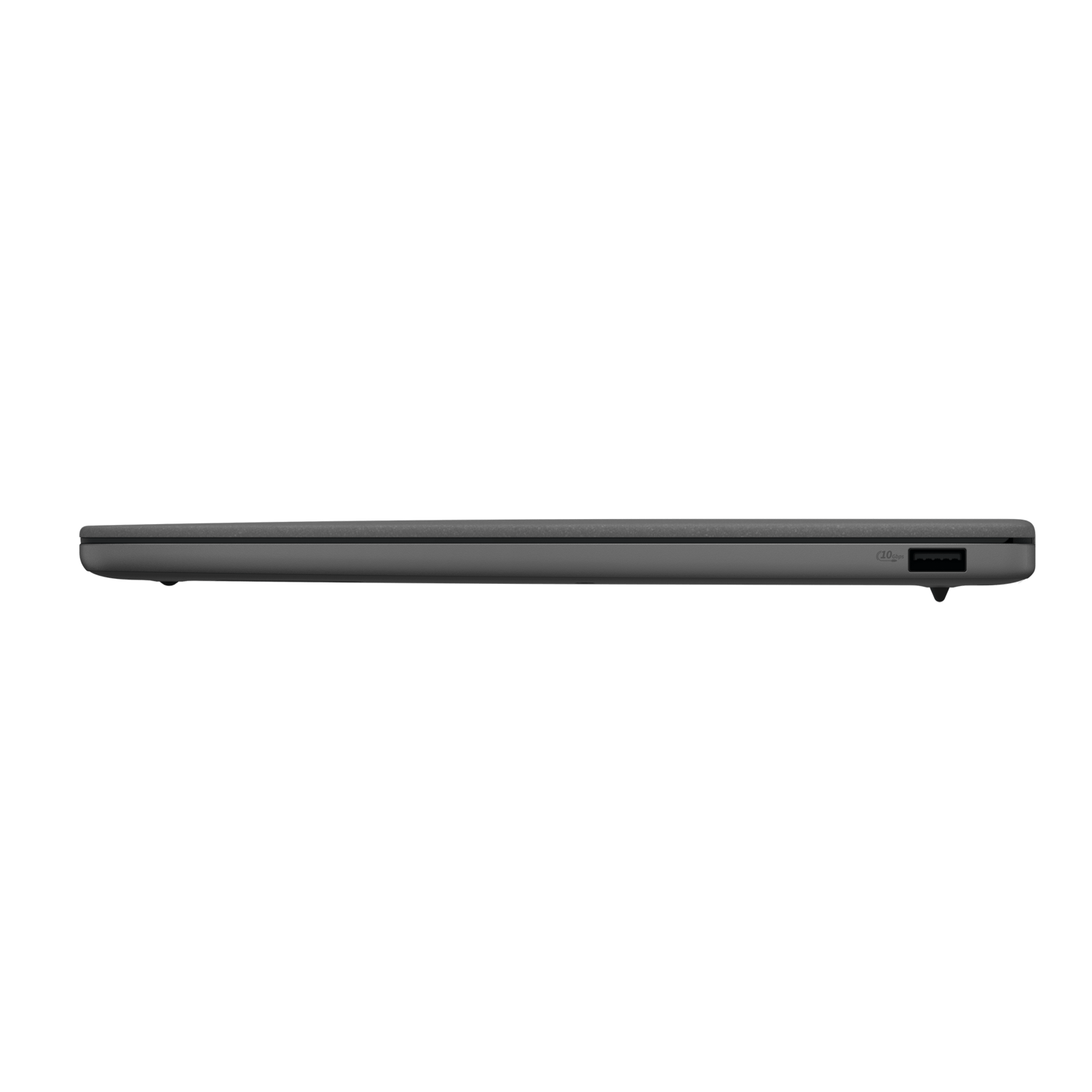 Side view of a closed gray laptop. Shows a port.
