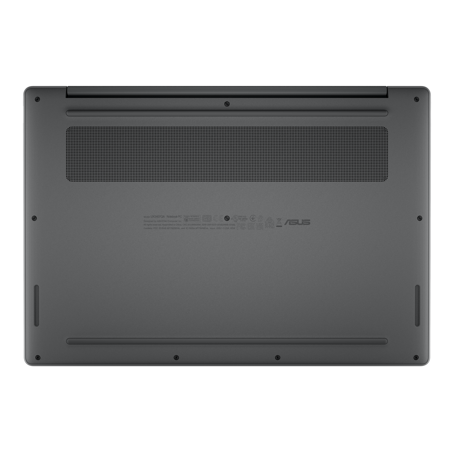 Bottom view of gray laptop. Shows vents and some labels.