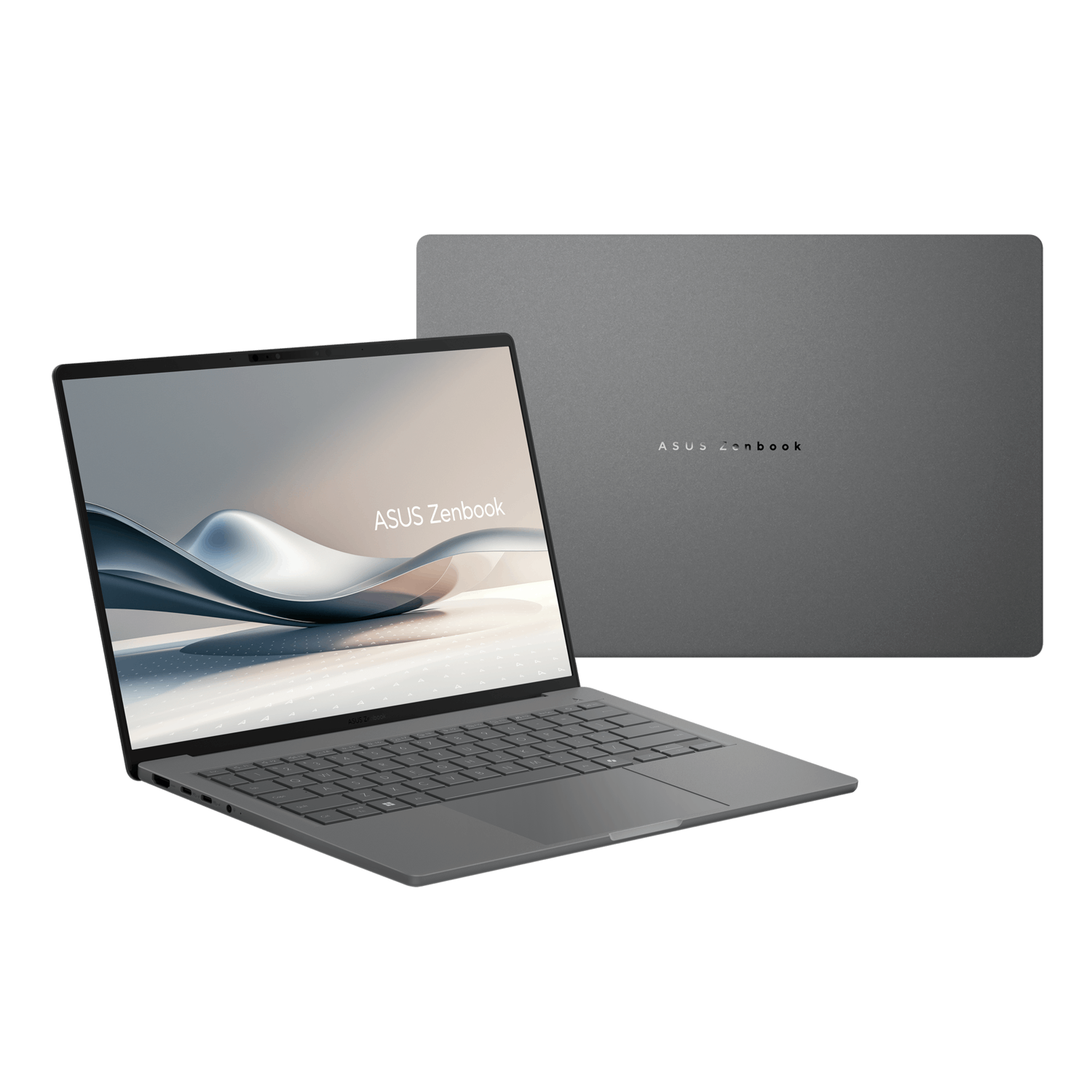 Gray laptop in perspective. The screen displays an abstract design. ASUS Zenbook is written on the lid.