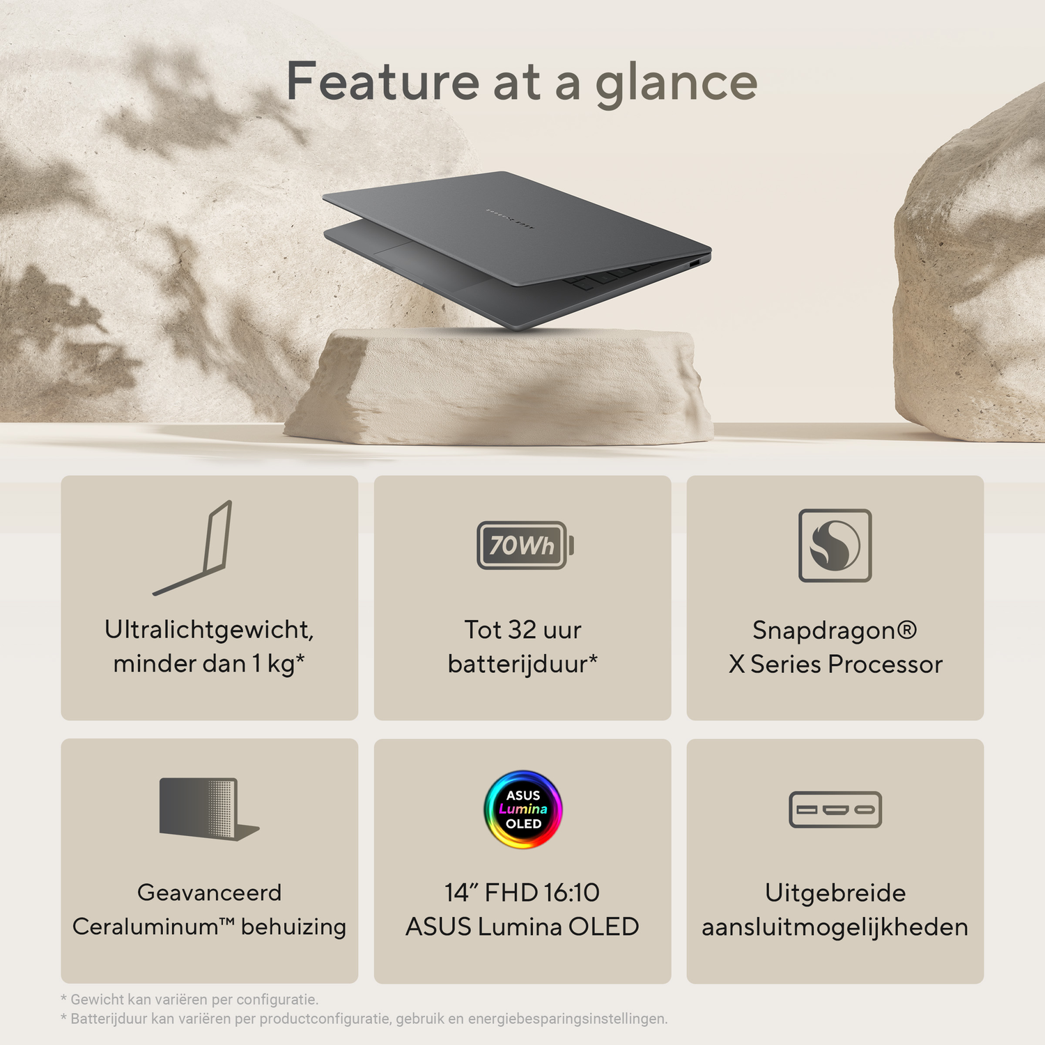 An image with features of the laptop: light weight, long battery life, and other features.