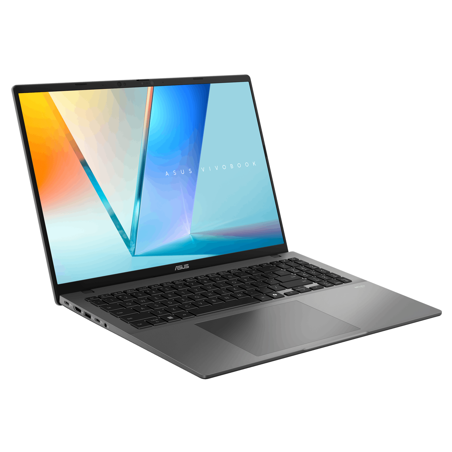 Grey laptop, angled view. The screen is on, showing a colorful design. Black keyboard, black background.