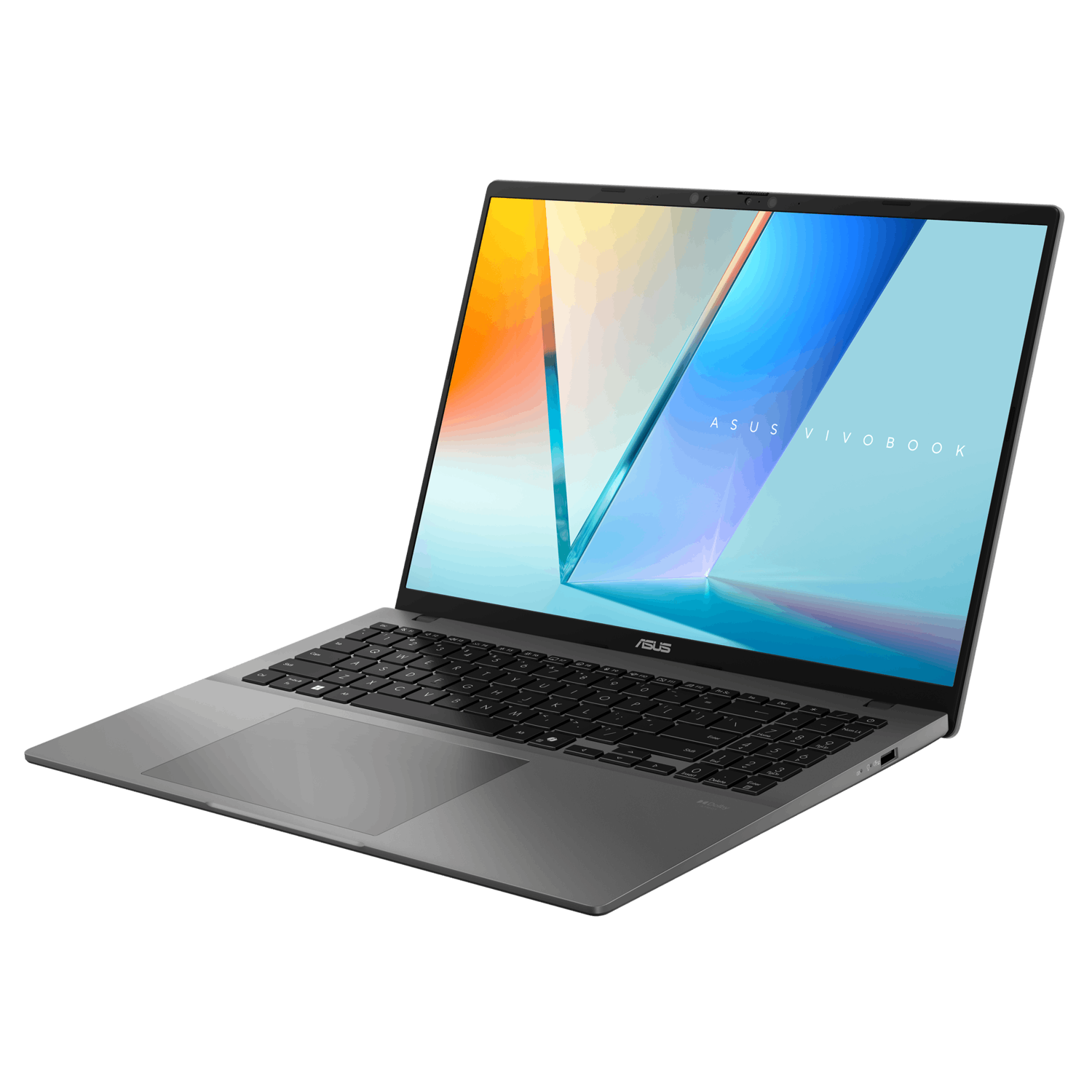 Grey laptop angled, screen lit with a colorful design, black keyboard. Black background. ASUS Vivobook logo.