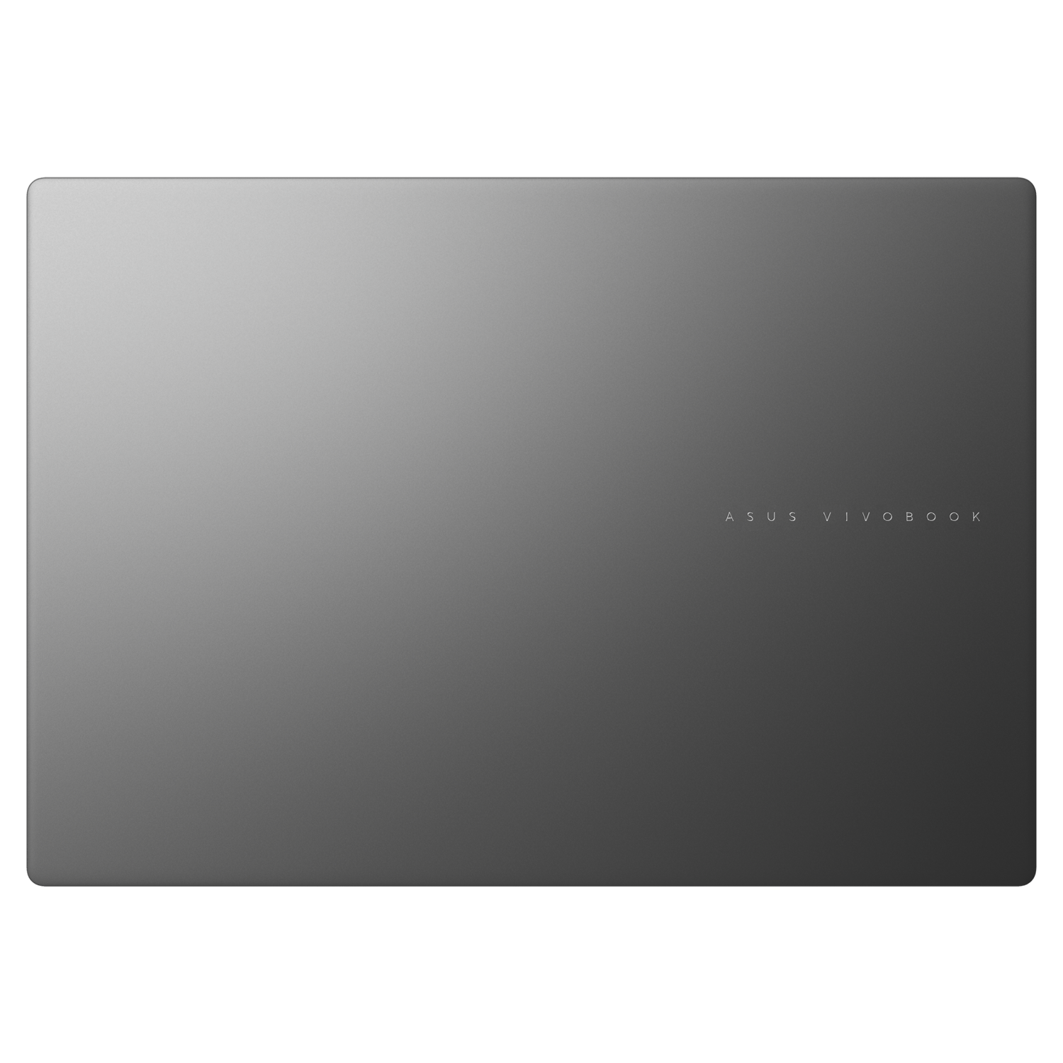 Closed grey laptop with ASUS Vivobook logo on the back. The surface has a gradient effect.