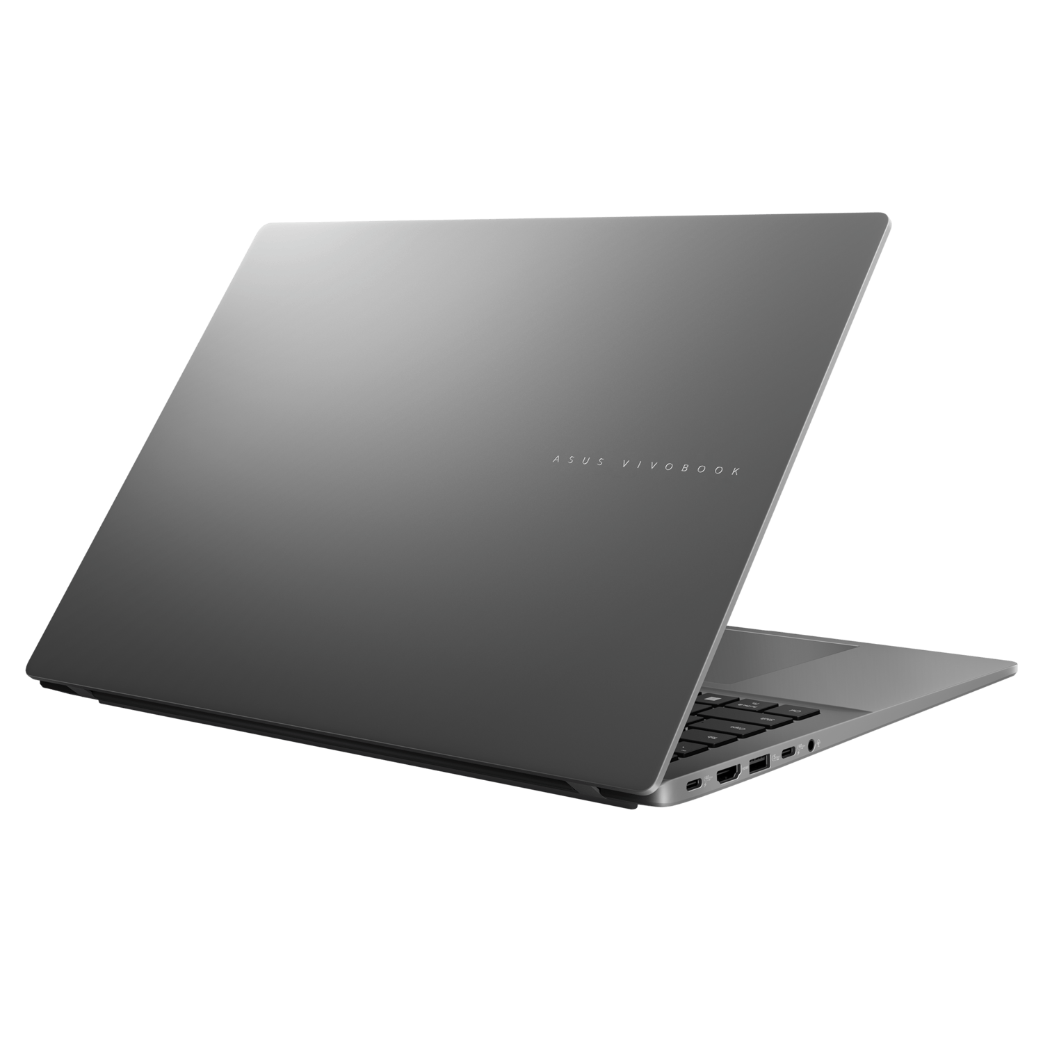 Grey laptop, angled view of the back with ASUS Vivobook logo. Showing the ports on the side.