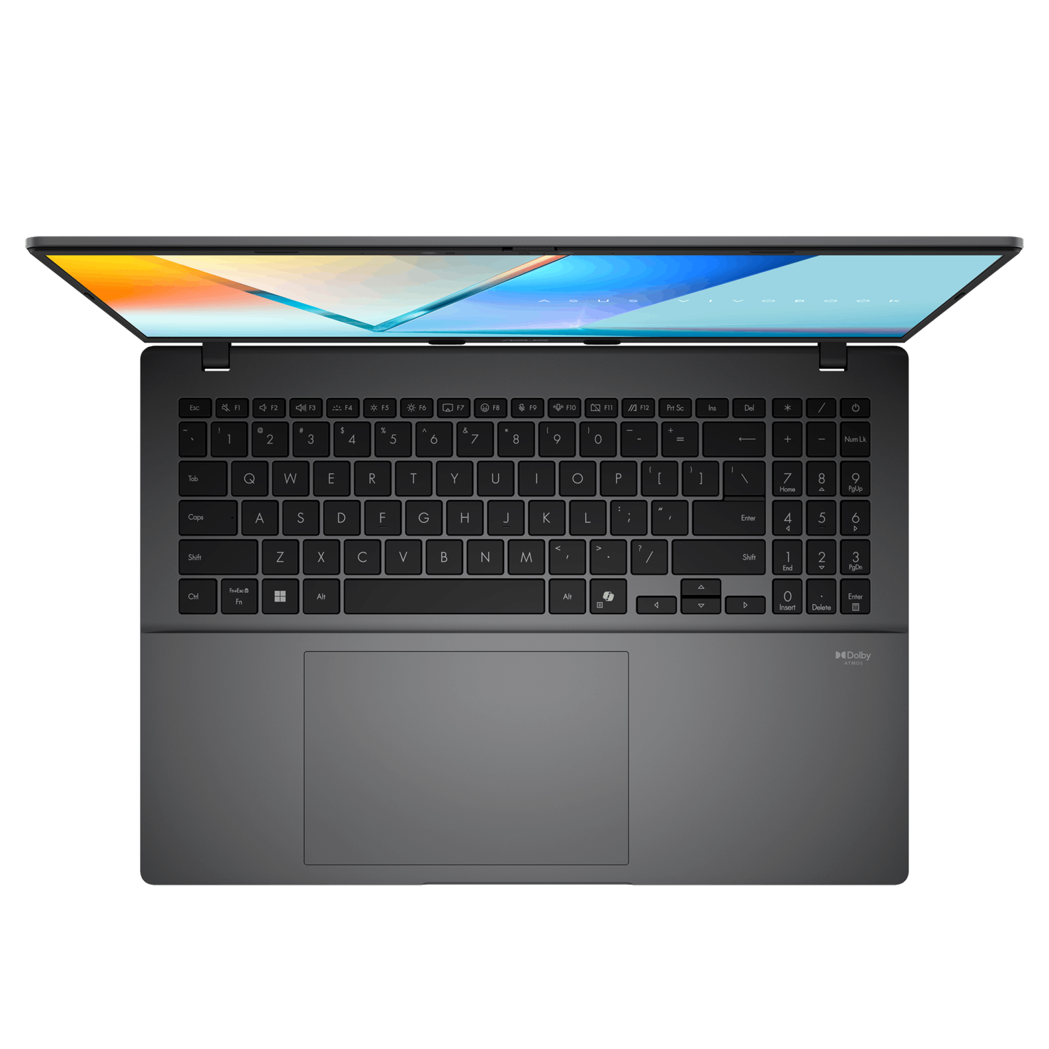 Laptop from above, open, black keyboard and touchpad, grey body and screen.