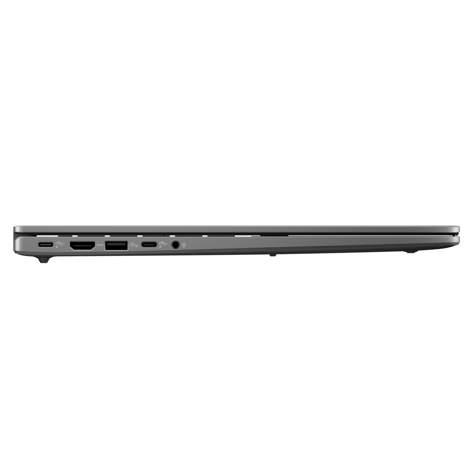 Side view of a grey laptop. Showing the ports on the side. USB, HDMI, and audio.