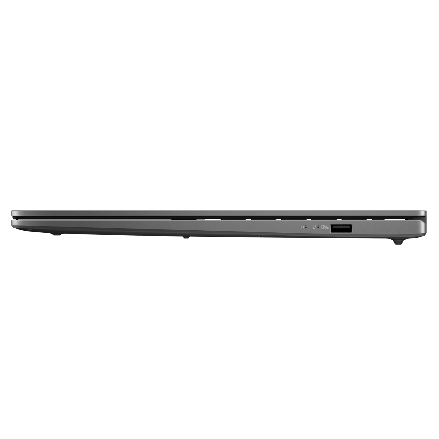 Side view of a grey laptop. Shows the USB port and other ports. 