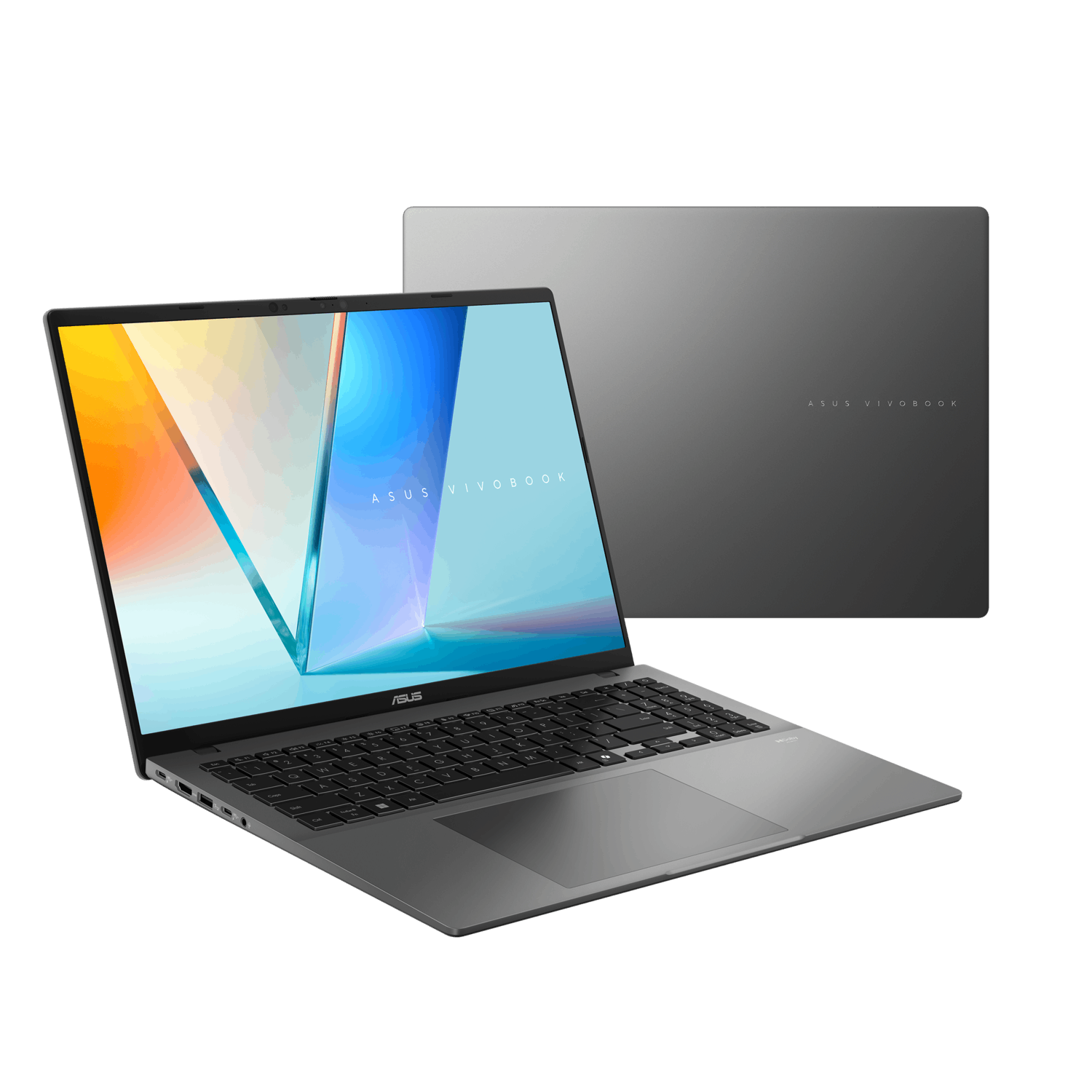 Laptop and lid. Screen is on and displays a colorful design. Grey laptop, white background.