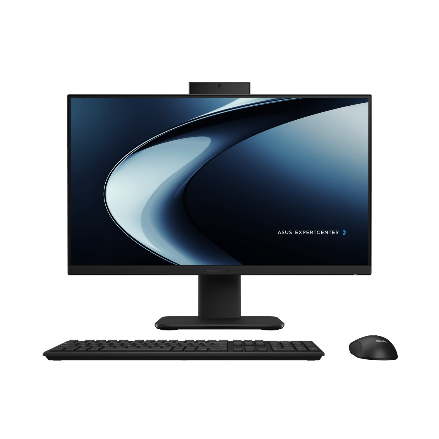 Zwarte monitor met een toetsenbord en muis. De monitor heeft een ingebouwde webcam. De achtergrond is zwart.