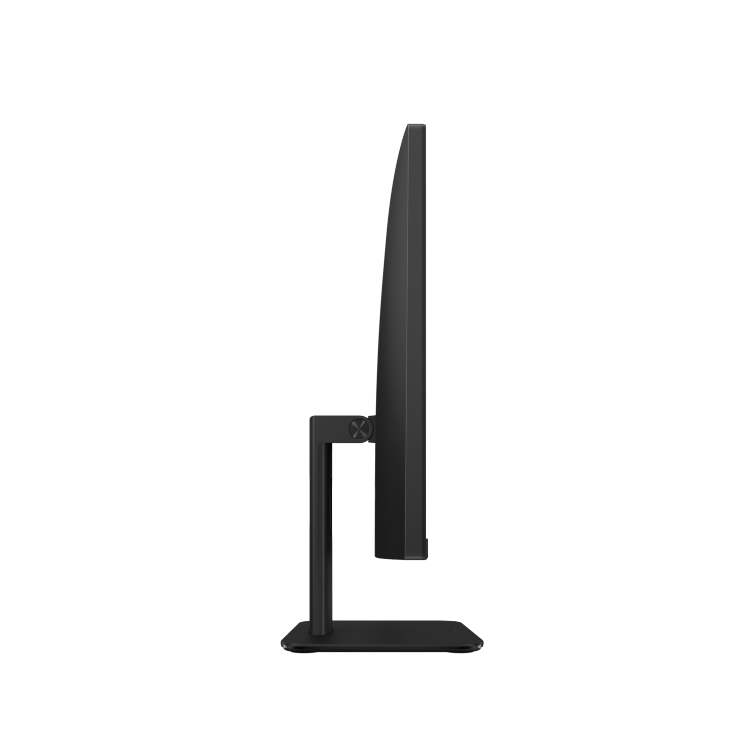 Zijaanzicht van een zwarte monitor met een standaard. Het scherm is dun en de achtergrond is wit.