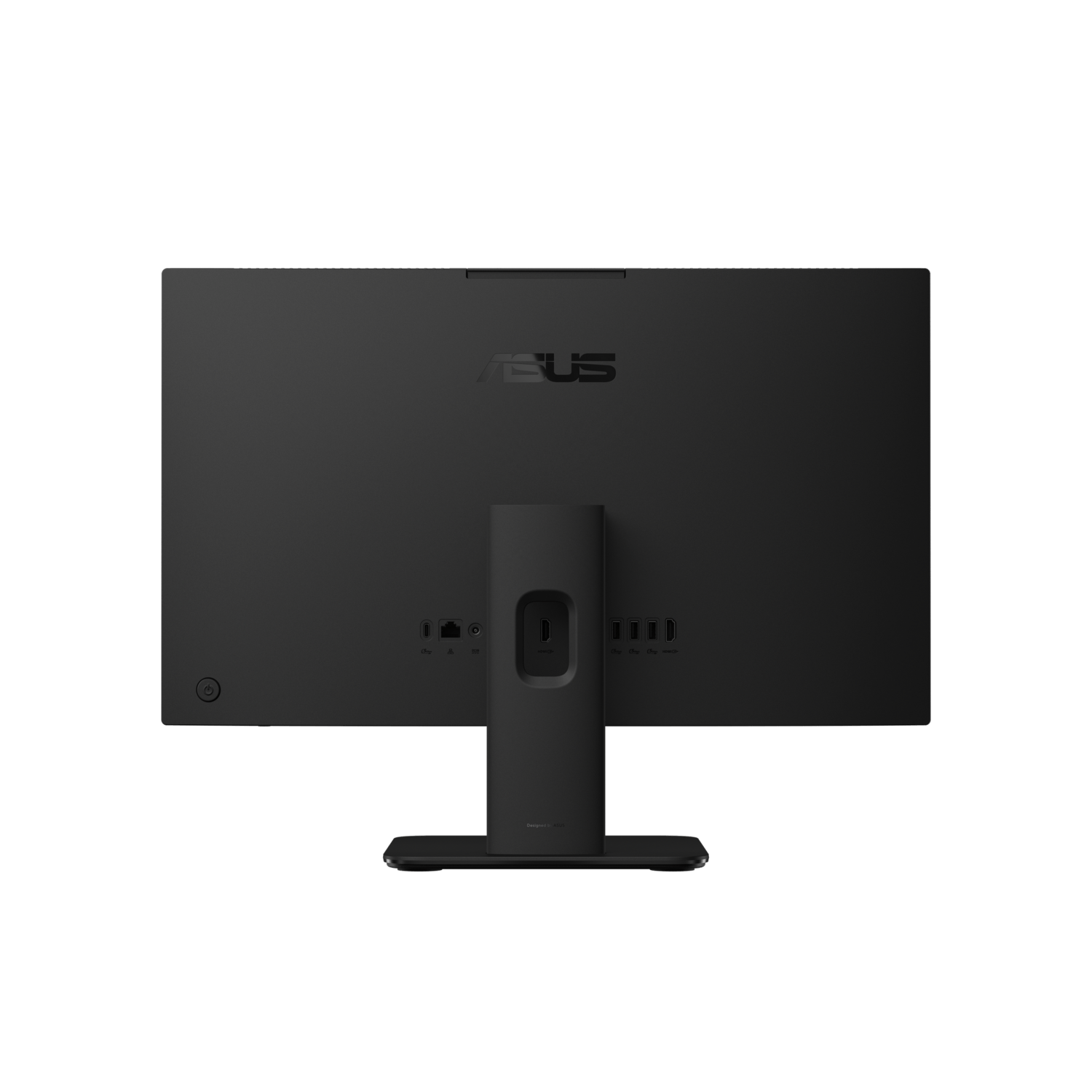 Achteraanzicht van een zwarte monitor. Hij heeft een ASUS-logo en verschillende poorten. De achtergrond is wit.