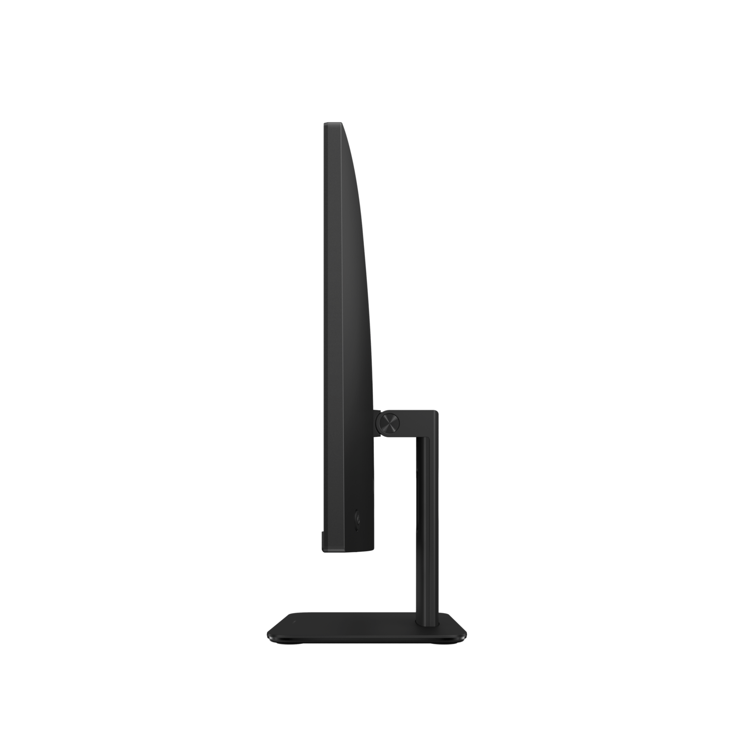 Zijaanzicht van een zwarte monitor met een standaard. Het scherm is dun en de achtergrond is wit.