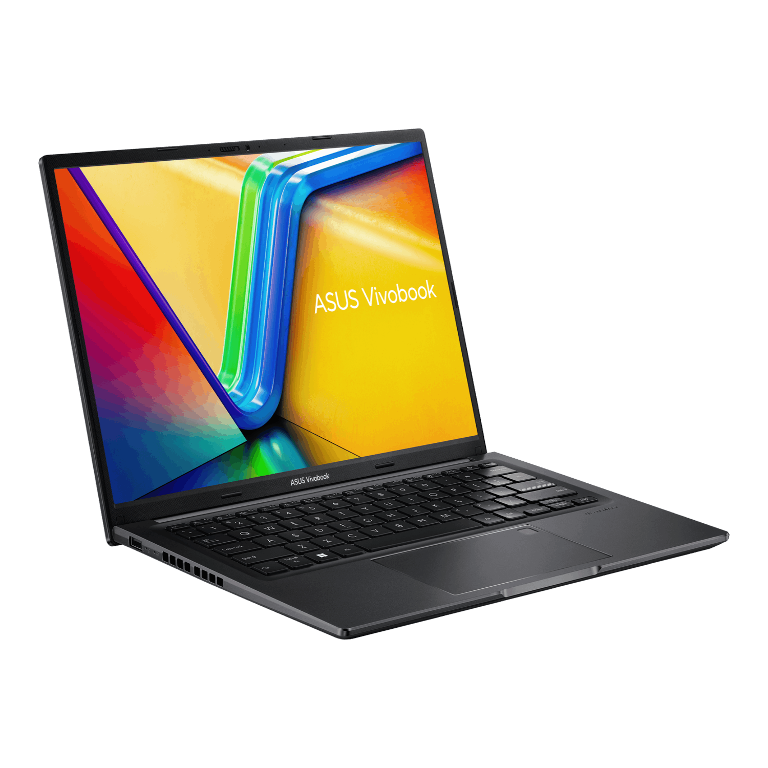 A dark grey laptop, angled, showing the screen with a colorful abstract image and ASUS Vivobook branding.