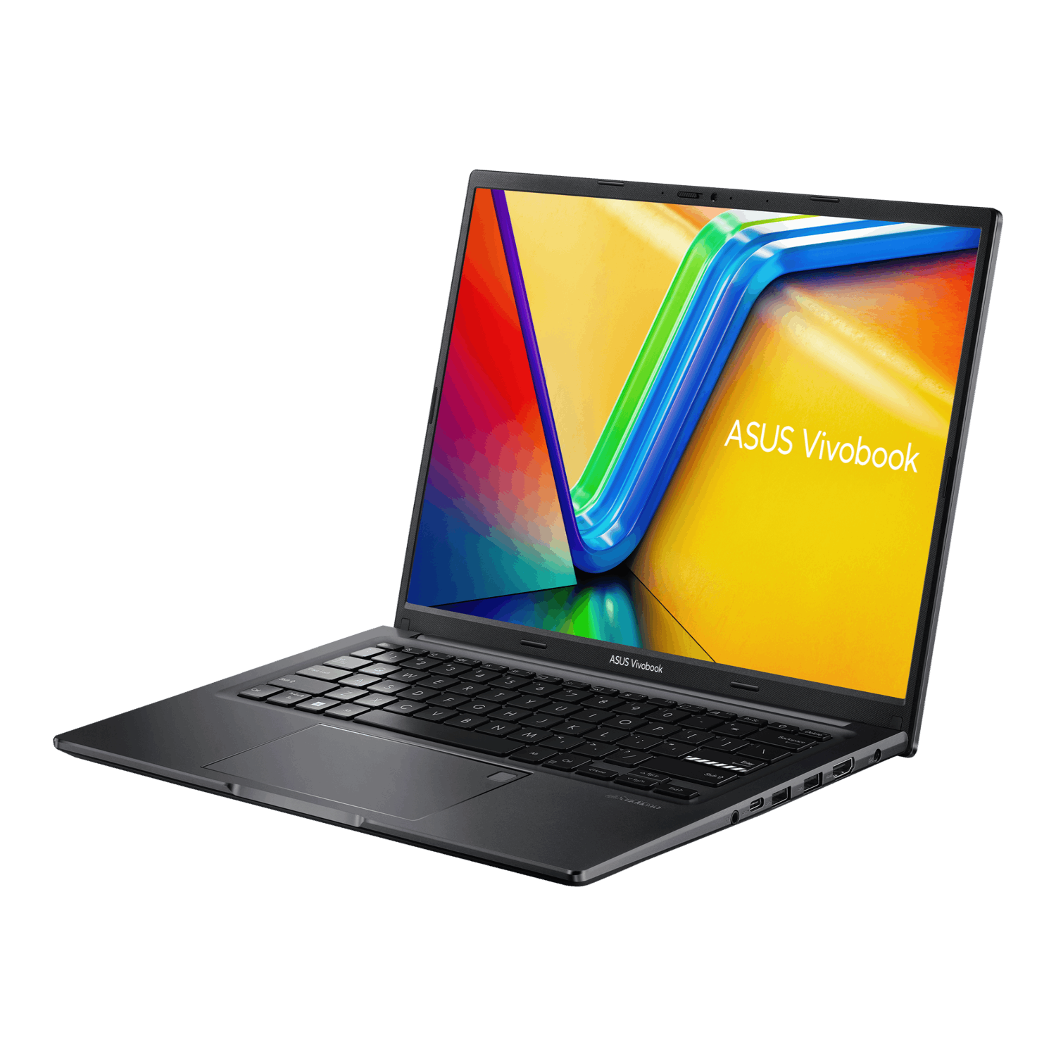 Dark grey laptop angled, showing the screen with a colorful abstract image and the ASUS Vivobook branding.