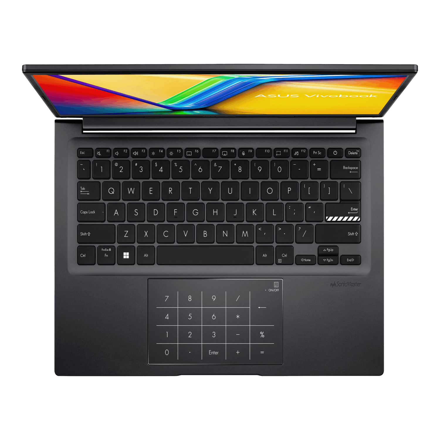 Top view of a dark grey laptop with the screen open, keyboard, and touchpad visible. ASUS Vivobook is on the screen.