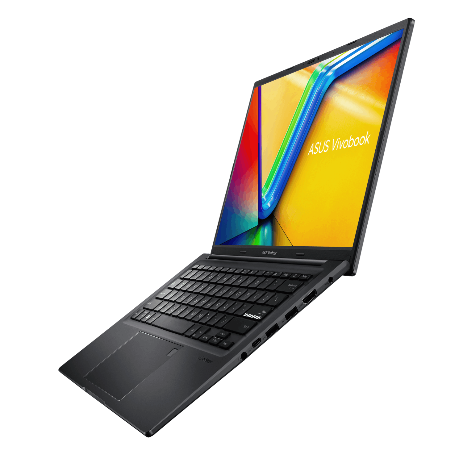 Dark grey laptop angled, showing keyboard and a screen with colorful abstract image and ASUS Vivobook branding.