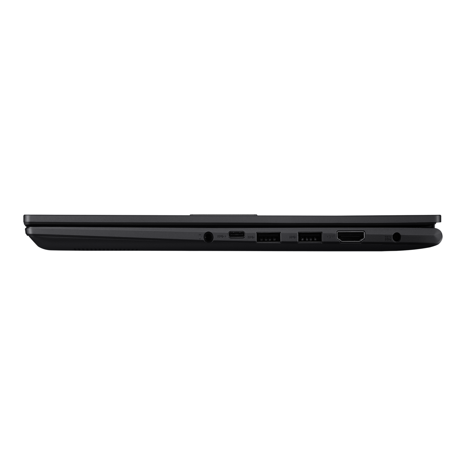 Side view of a dark grey laptop showing ports, the thickness and the side of the keyboard.
