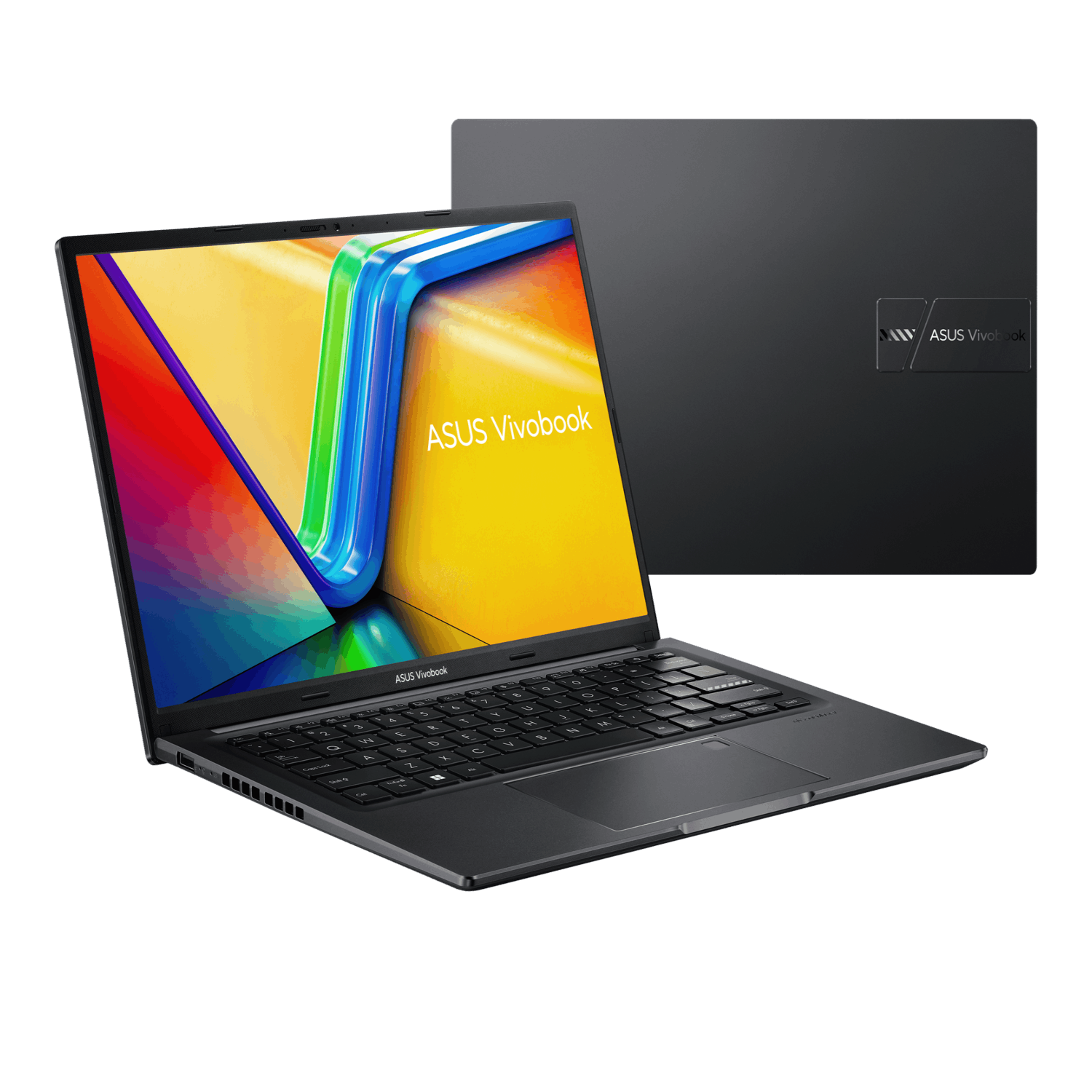 Dark grey laptop with screen displaying a colorful abstract image and ASUS Vivobook branding. Another laptop in the background.