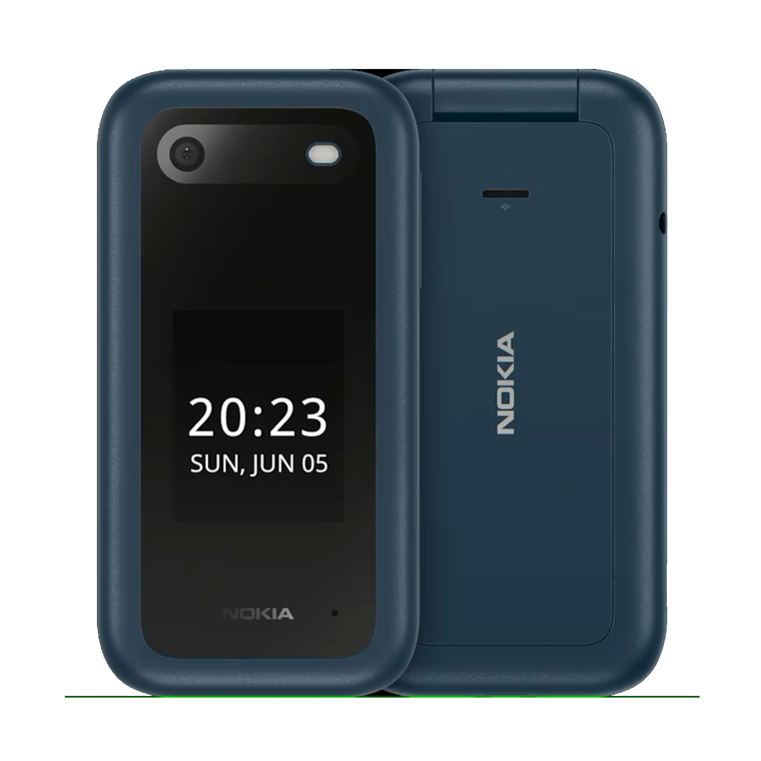 Een blauwe Nokia klaptelefoon, open, met tijd en datum.