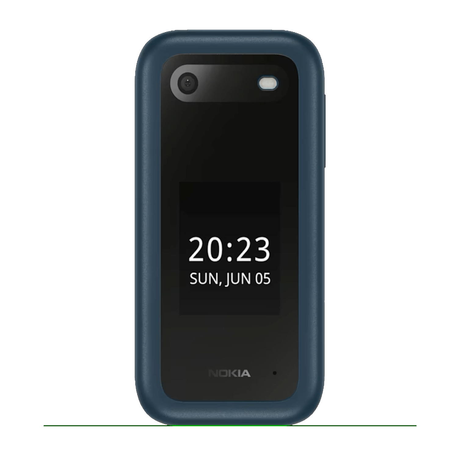 Een blauwe Nokia klaptelefoon, gesloten, met tijd en datum.