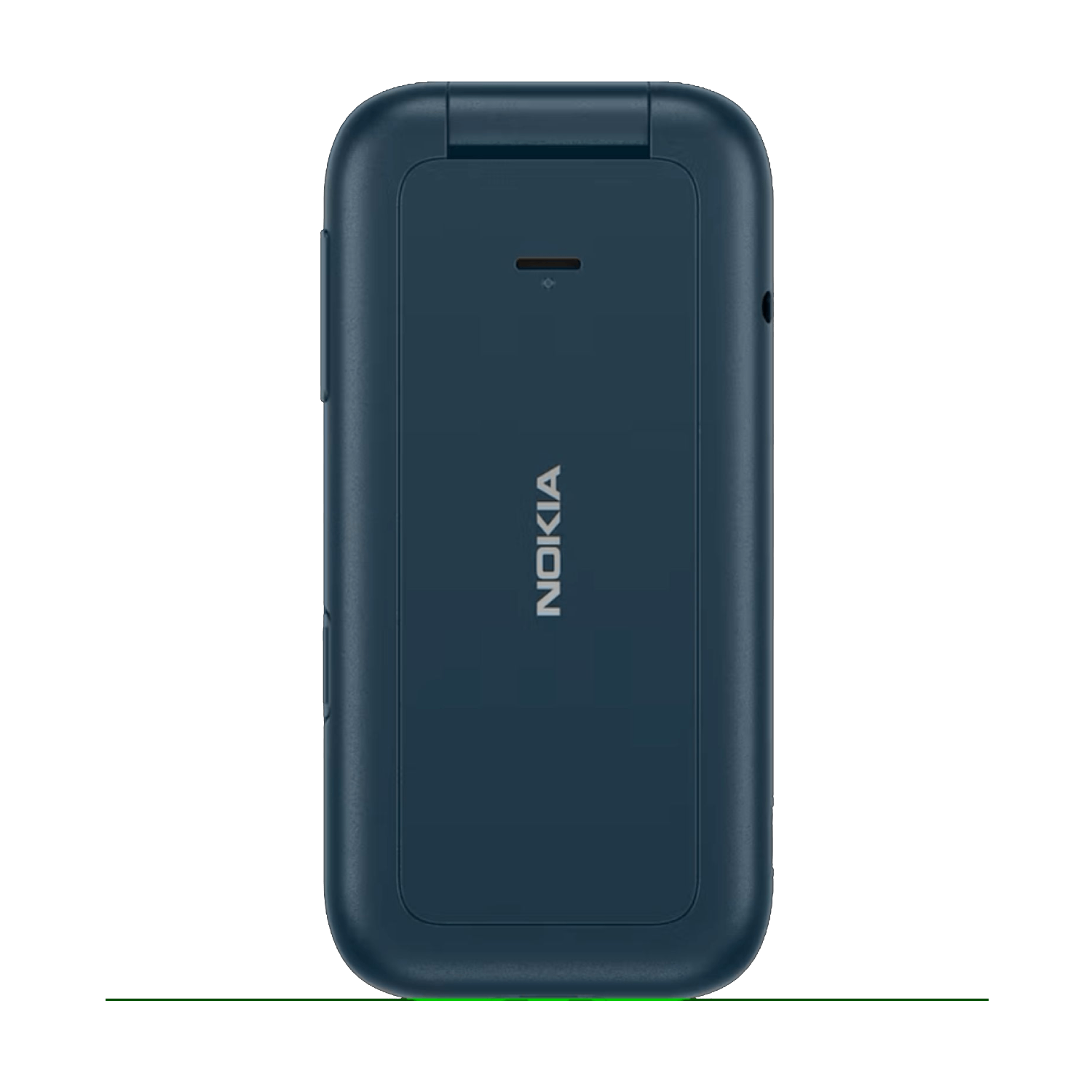 Een blauwe Nokia klaptelefoon, gesloten, met het Nokia logo.