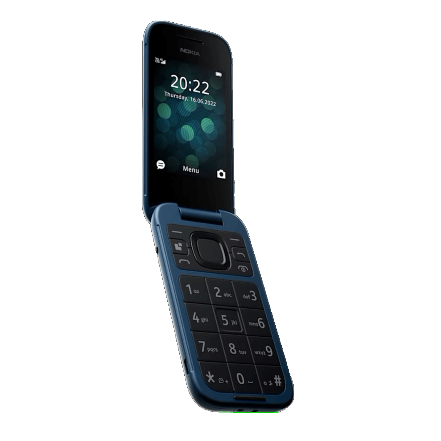Een blauwe Nokia klaptelefoon, gedeeltelijk open, met toetsenbord en scherm.