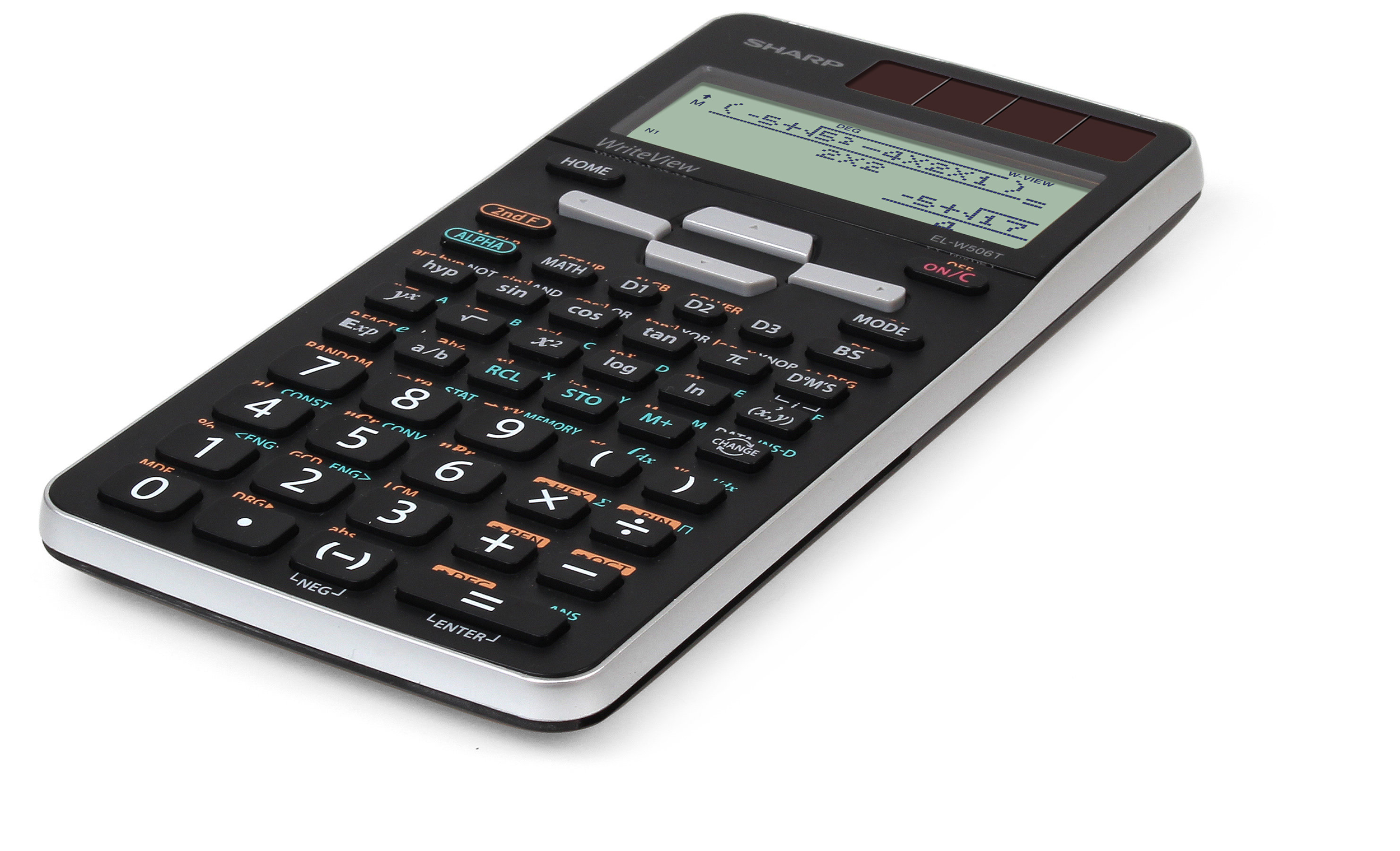 Fekete Sharp számológép szögben, matematikai egyenletet mutatva.