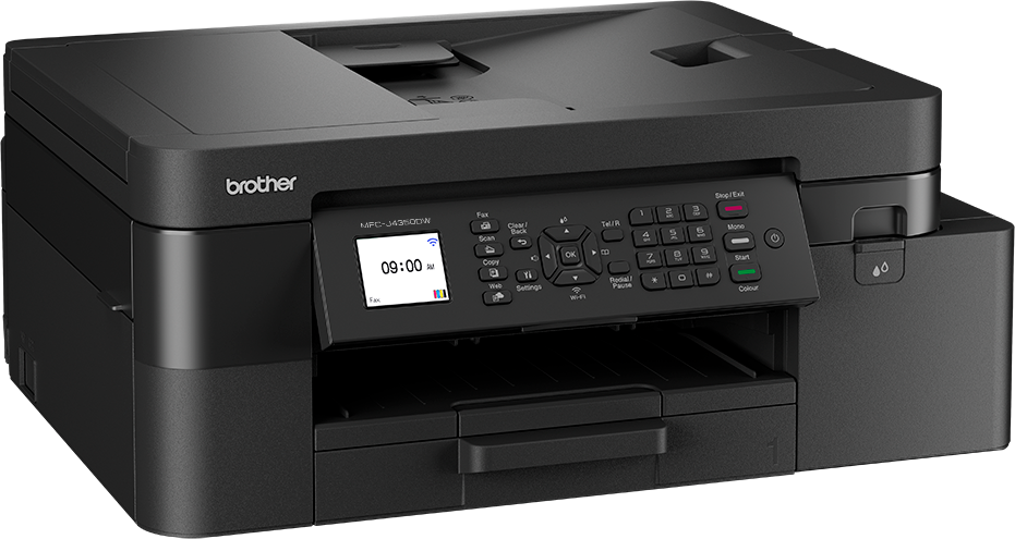 Imprimante Brother noire. L'écran LCD affiche 9h00. Boutons pour fax, numérisation, copie et paramètres. Bac à papier visible.