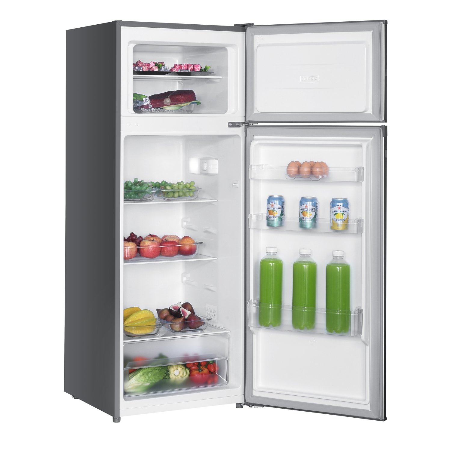 An open refrigerator displays food: meats, grapes, apples, juice bottles, and cans. The freezer is open. The fridge is gray.