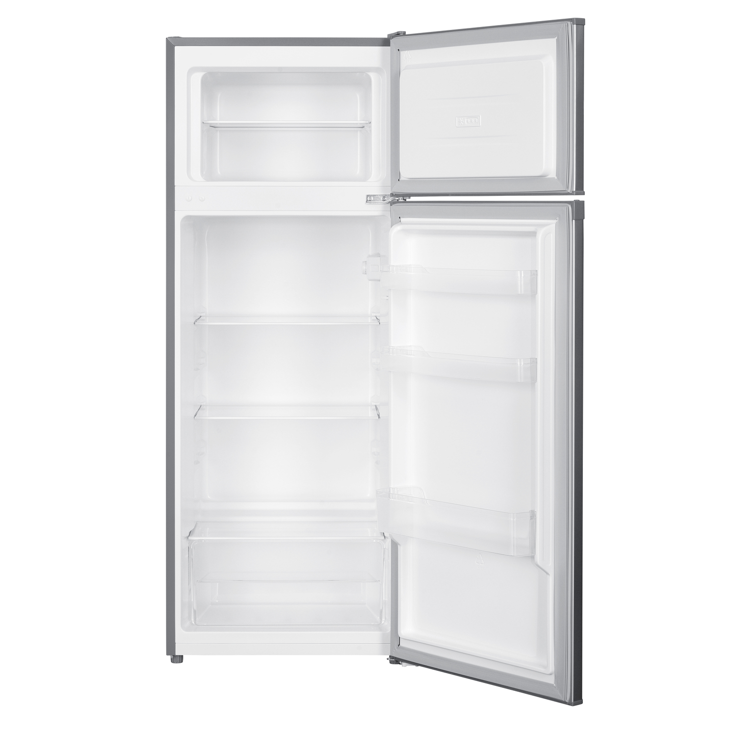 An open, empty refrigerator. The top door is open, revealing the freezer. The main door is open, showing shelves and drawers.