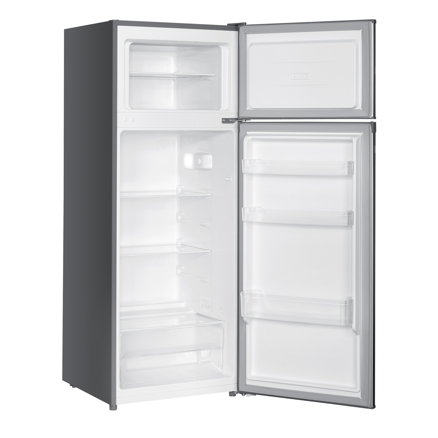 An open, empty refrigerator. Gray exterior with white interior. Upper freezer door open. Lower door open, revealing shelves.